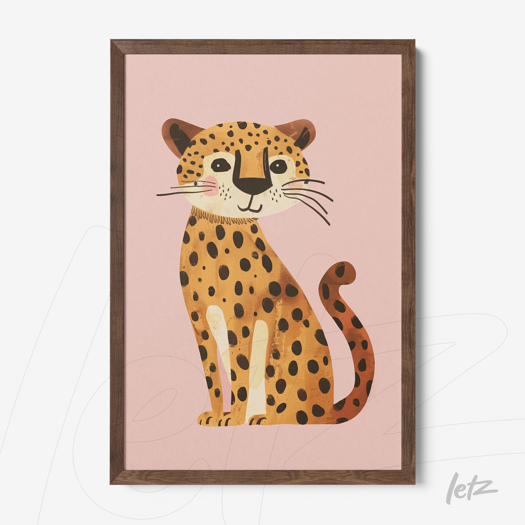 framed artwork featuring a smiling jaguar illustration on pink background with dark wood frame