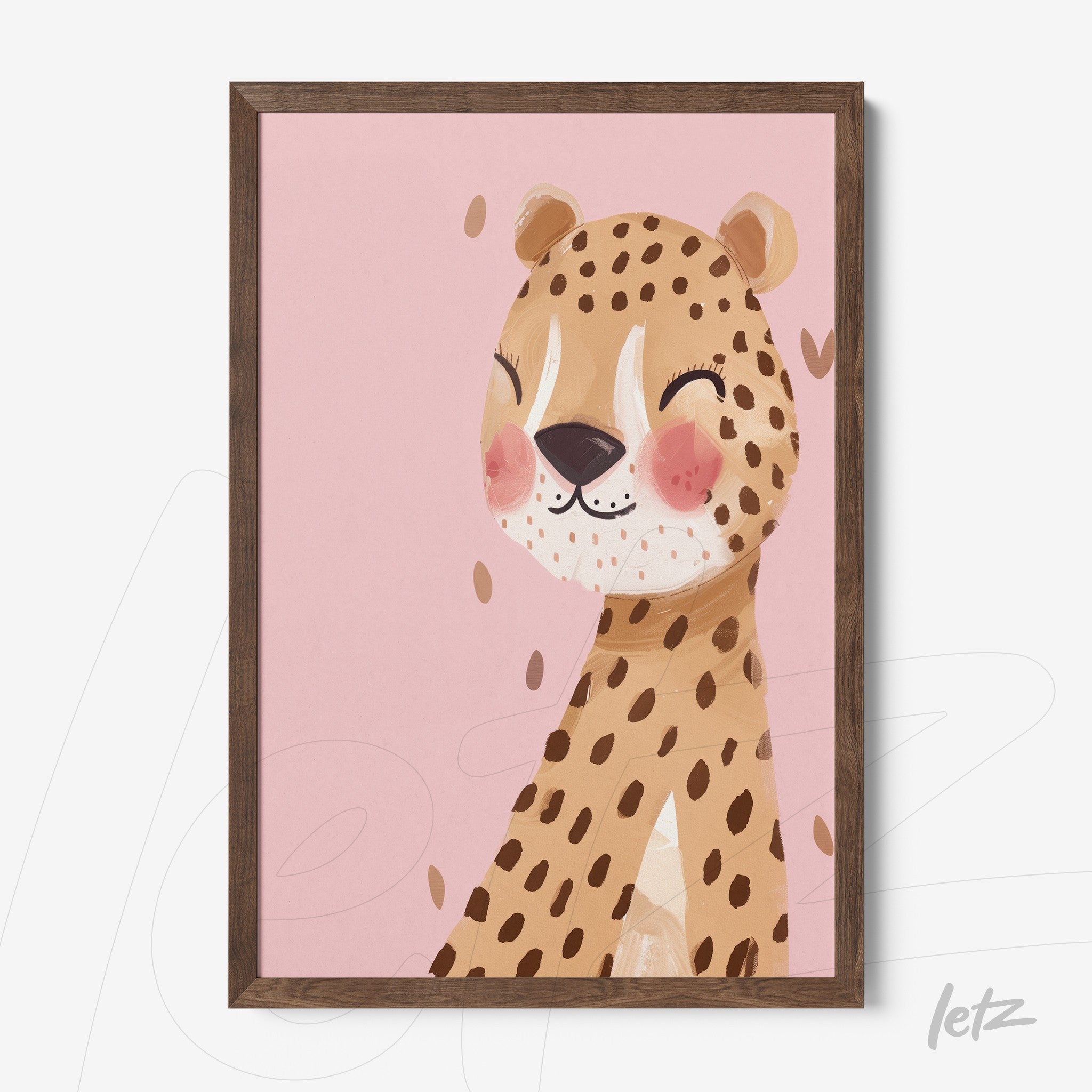 framed wall art featuring a smiling leopard illustration on pink background with dark wooden frame