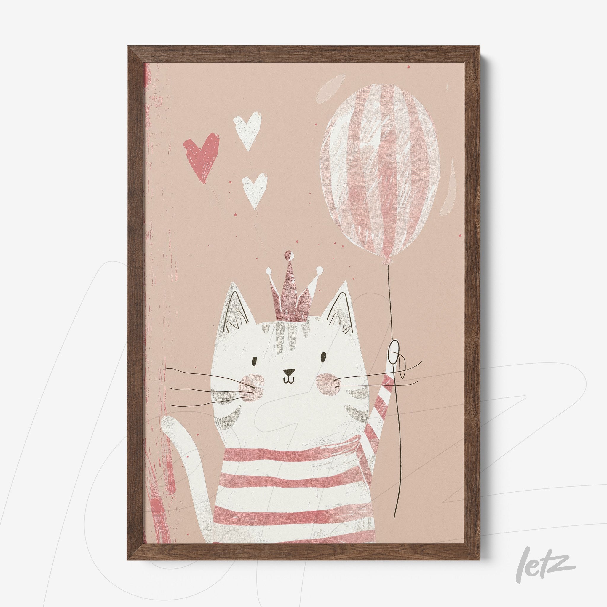 framed artwork of a cute cat wearing pink stripes and holding a balloon on a light pink background with hearts