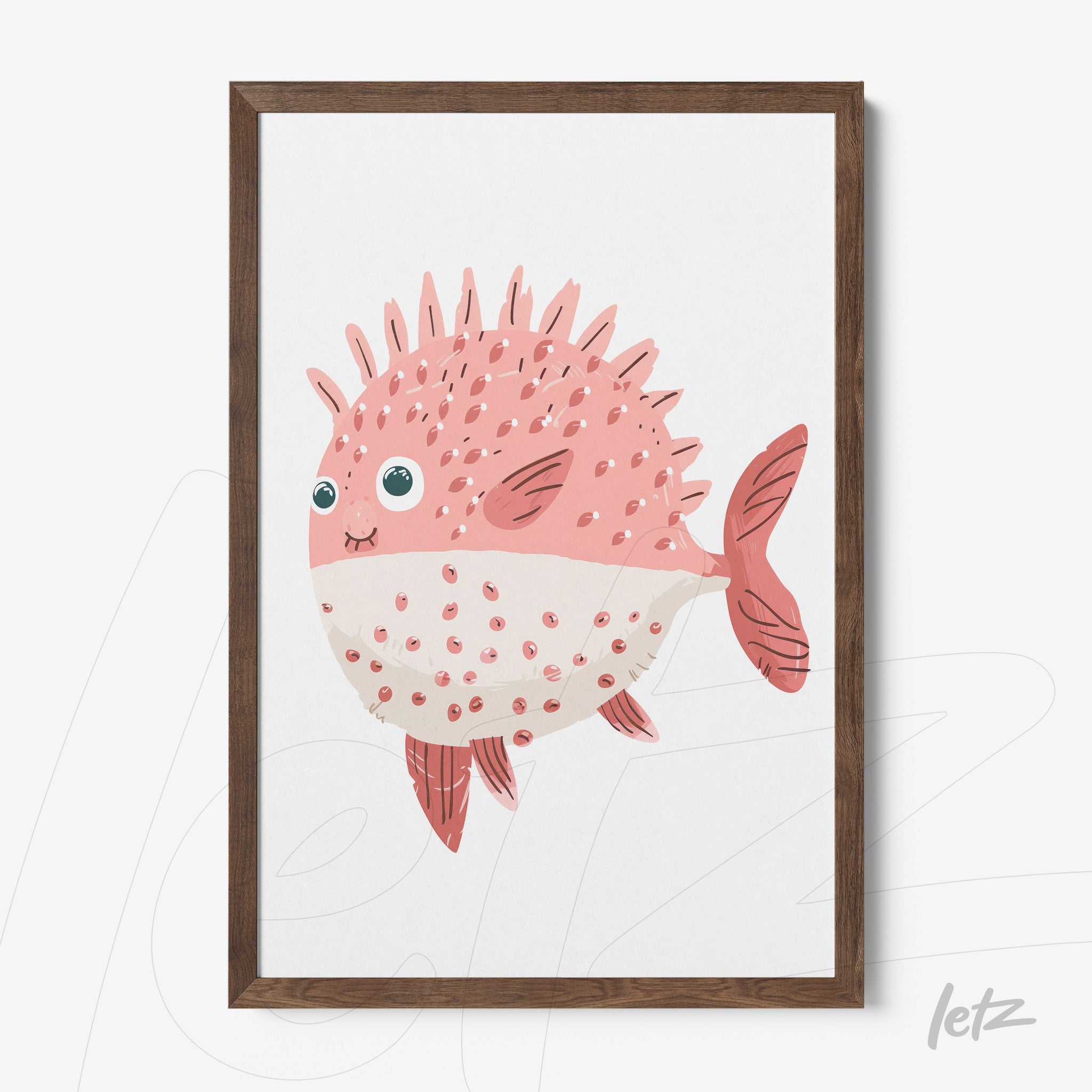 framed artwork of a pink spiky fish illustration with dark wood frame