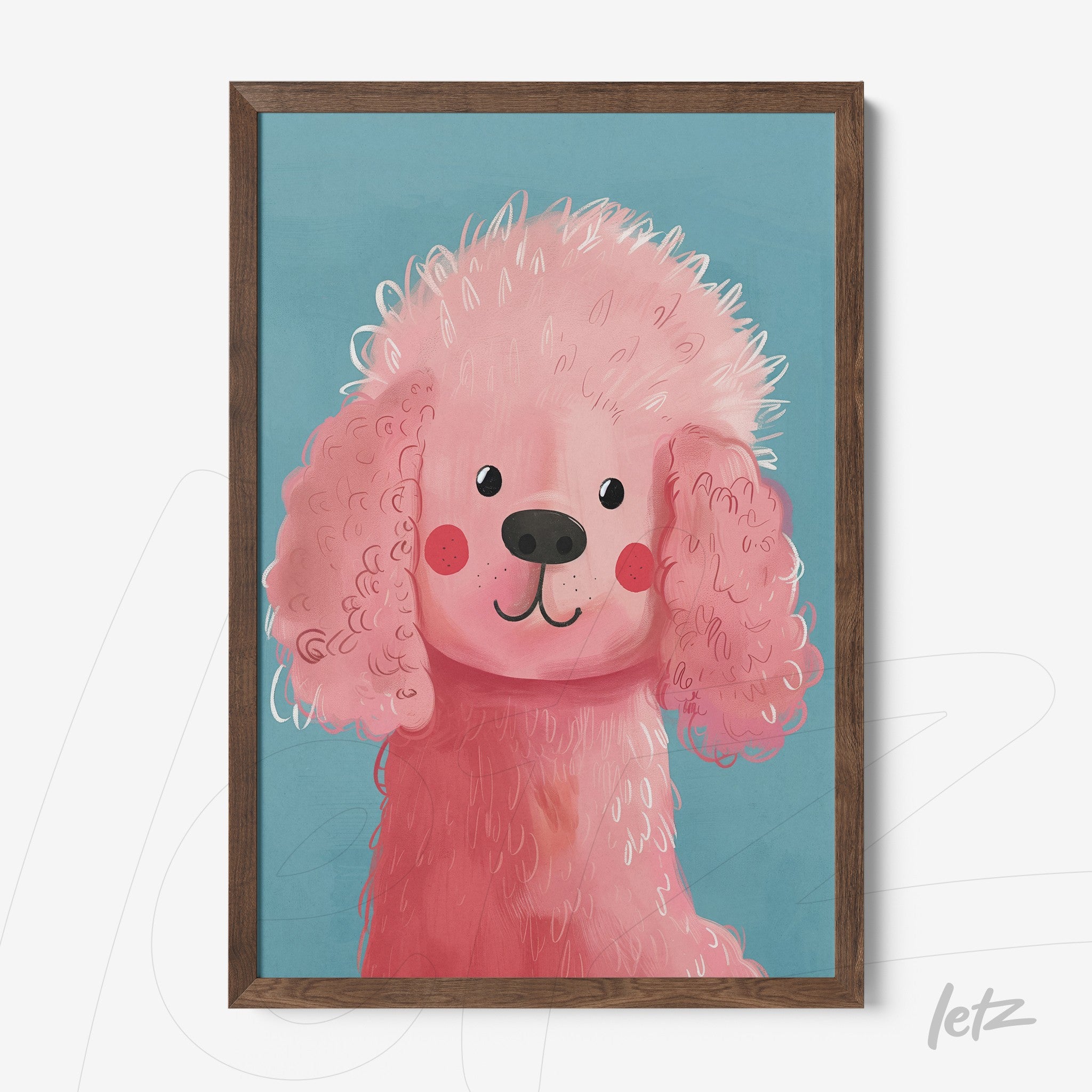 framed wall art featuring a pink poodle illustration against a blue background with dark wood frame