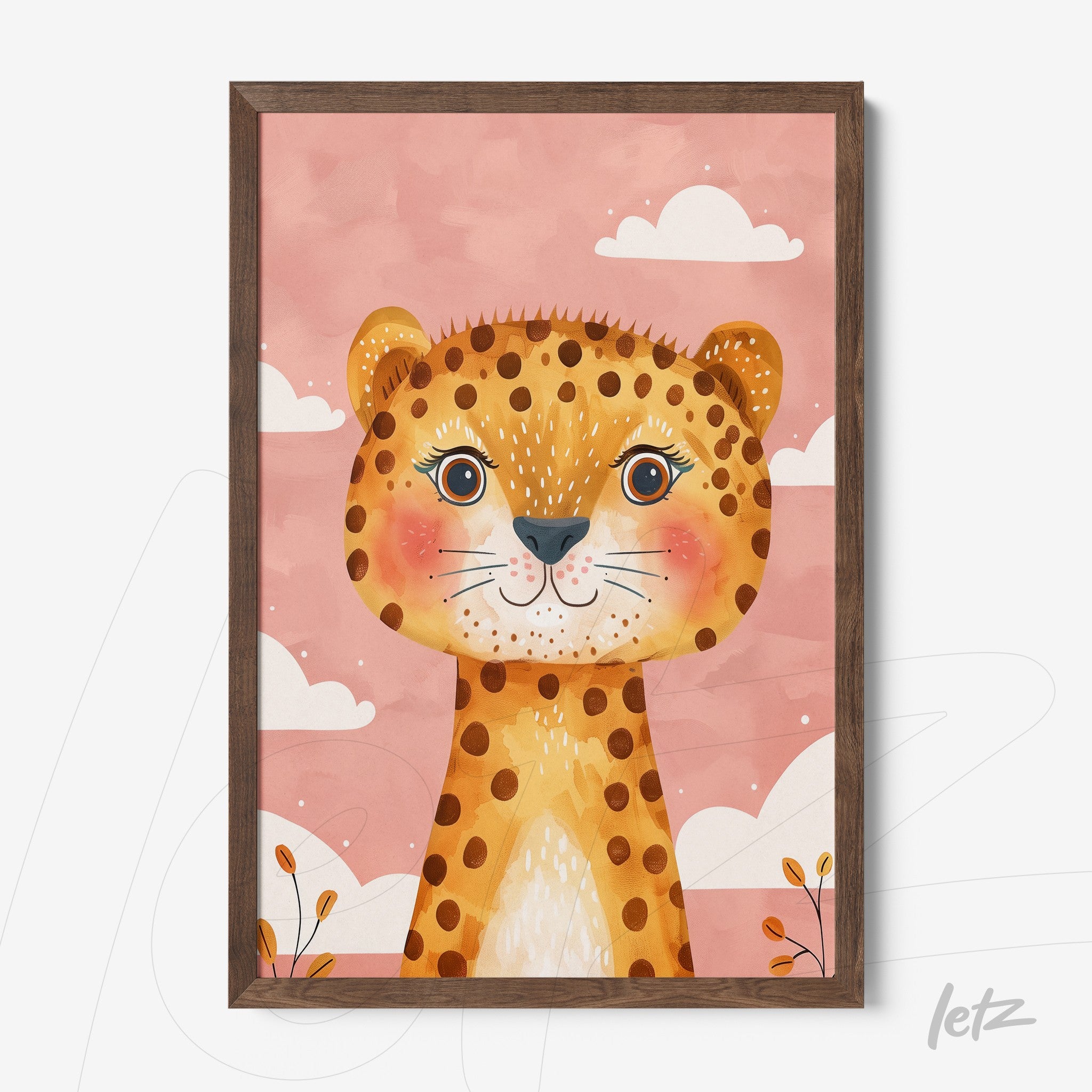 framed artwork featuring a colorful stylized leopard on a pink background with white clouds and plants