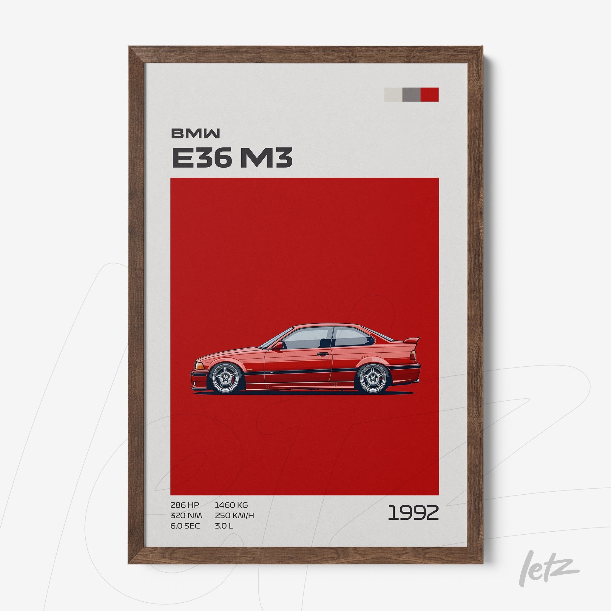 decorative wall art featuring a stylized illustration of the BMW E36 M3 on a red background with a dark wood frame
