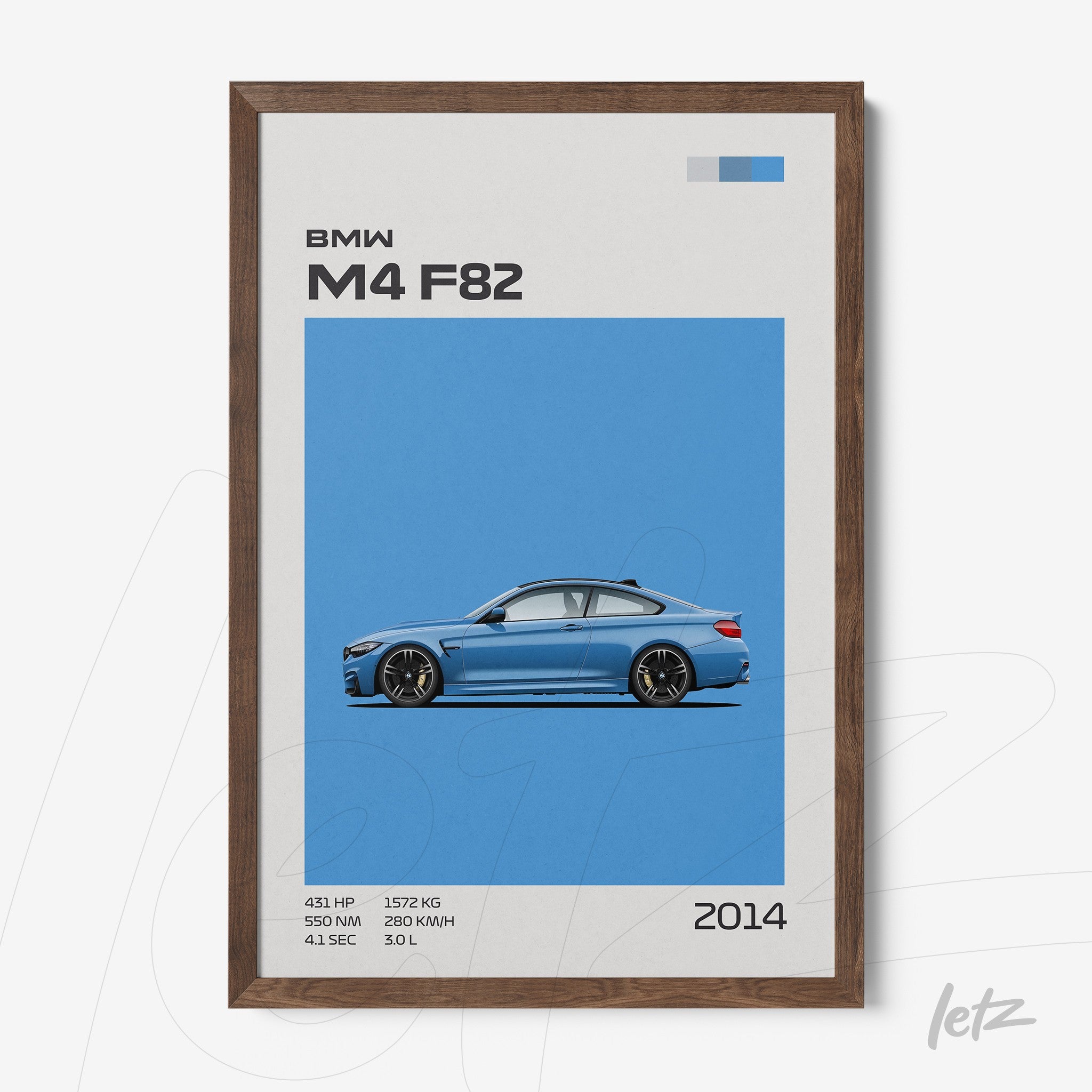 minimalist framed art of the BMW M4 F82 on blue background showcasing technical specifications with light wood frame