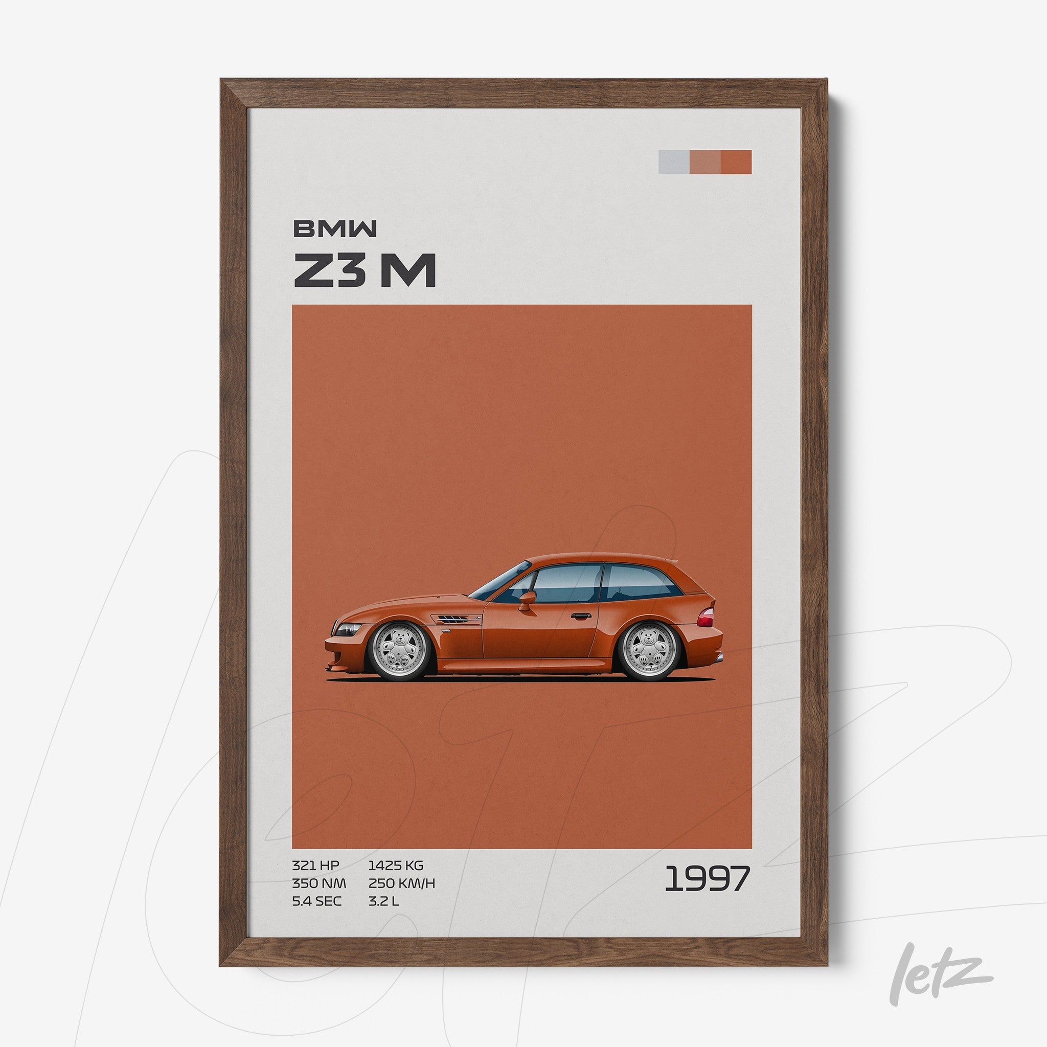 framed digital artwork of BMW Z3 M car with dark wood frame, orange background and white graphic details