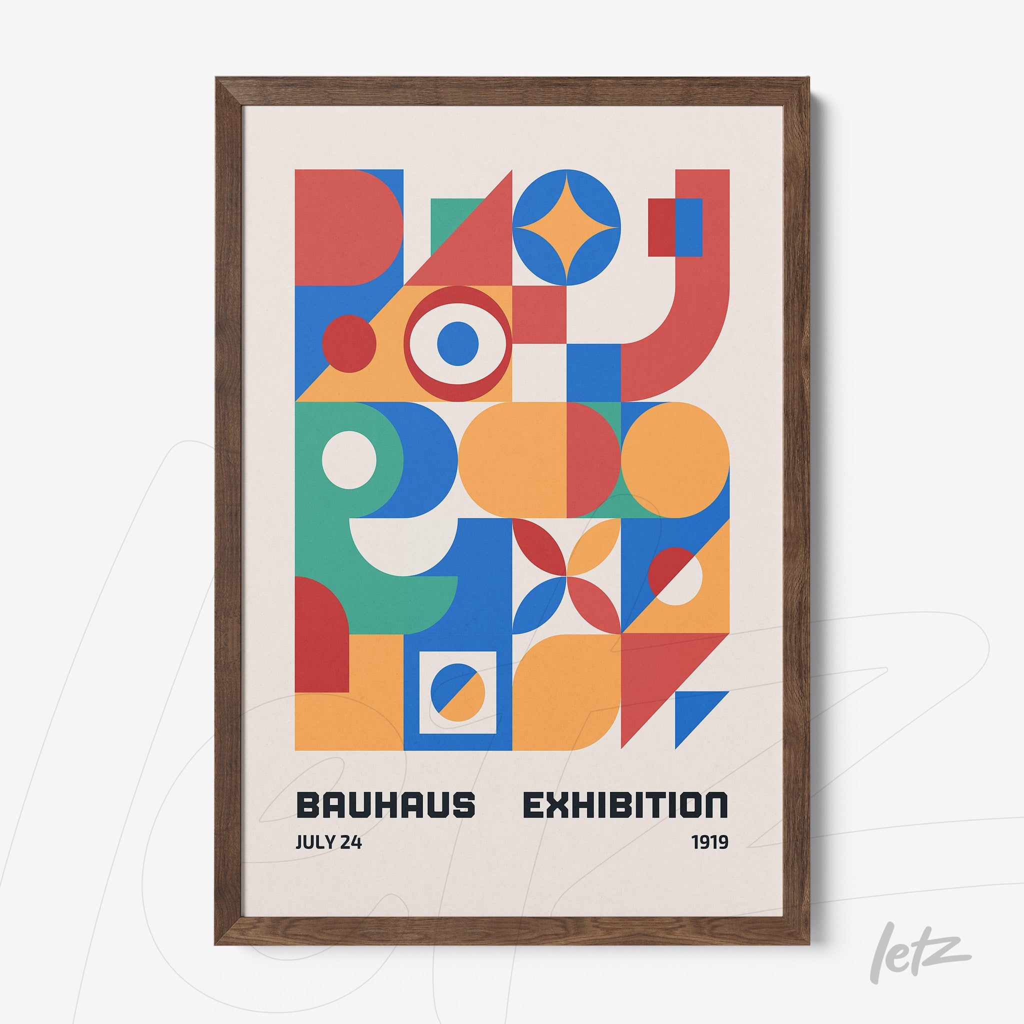 poster featuring geometric art from the bauhaus exhibition of 1919 in a dark wood frame