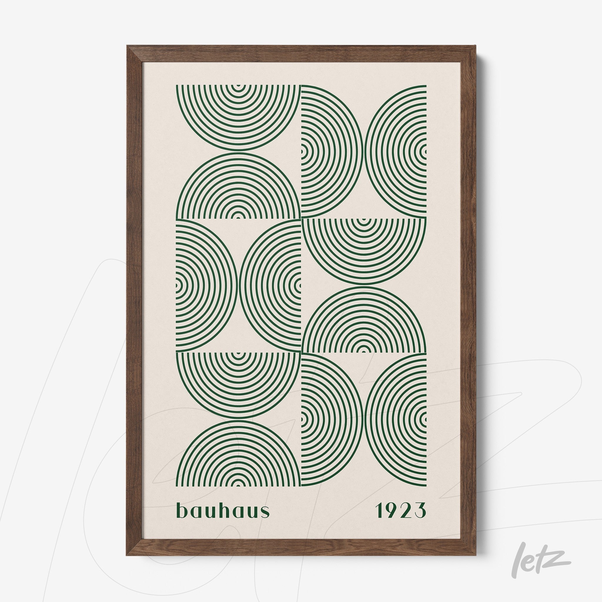 poster with geometric bauhaus design framed in dark wood