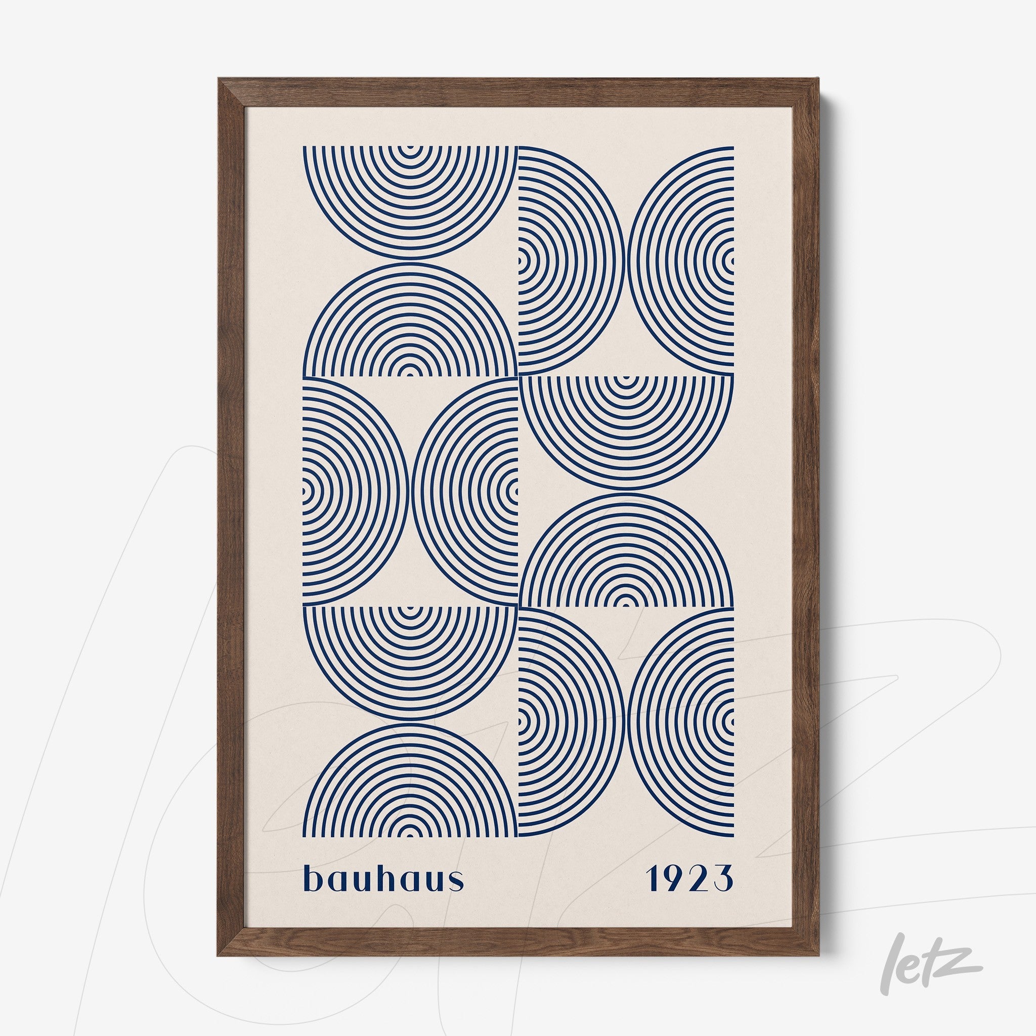 1923 bauhaus style wall art featuring navy blue concentric circles in a dark wood frame