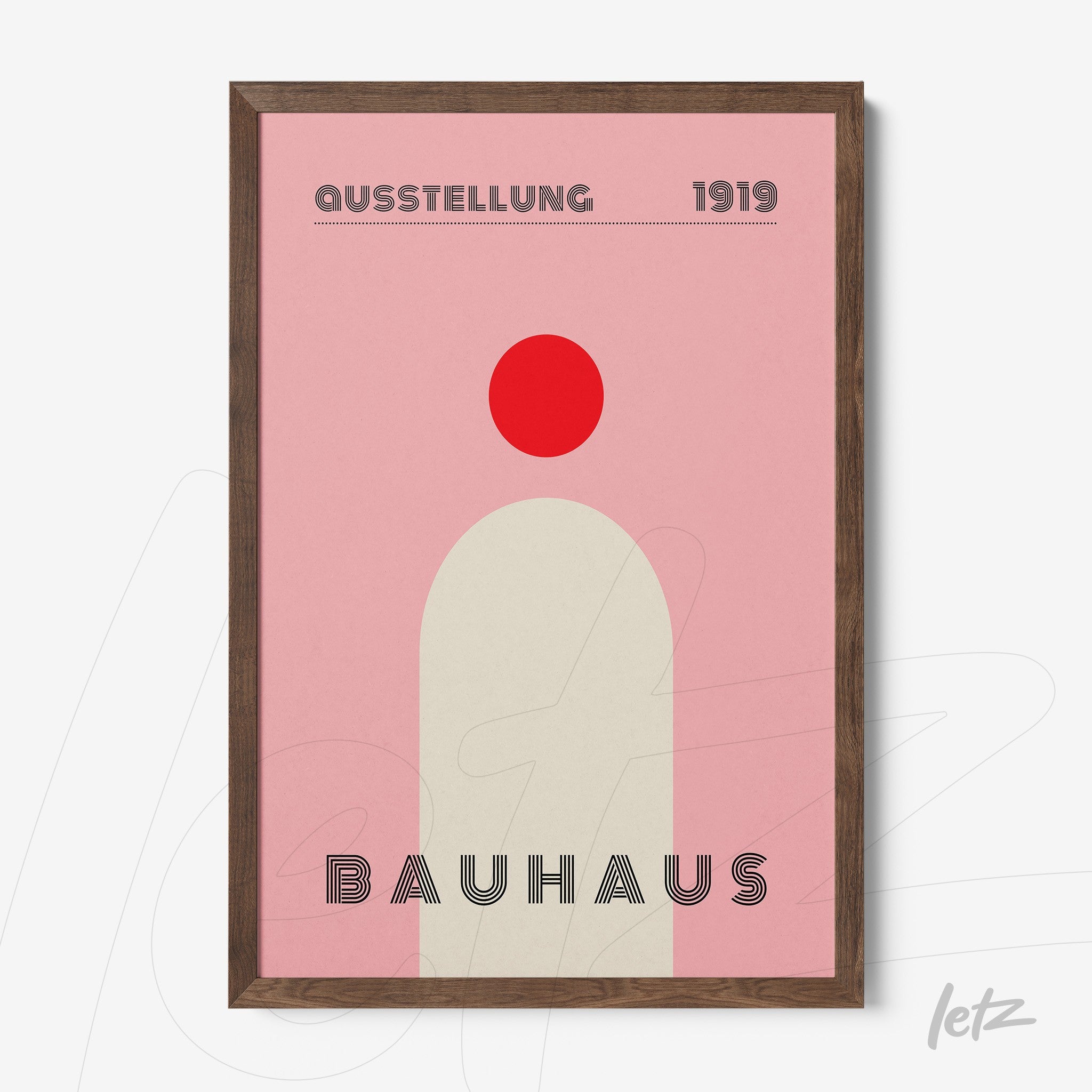 bauhaus style poster print with minimalist geometric shapes and dark wooden frame