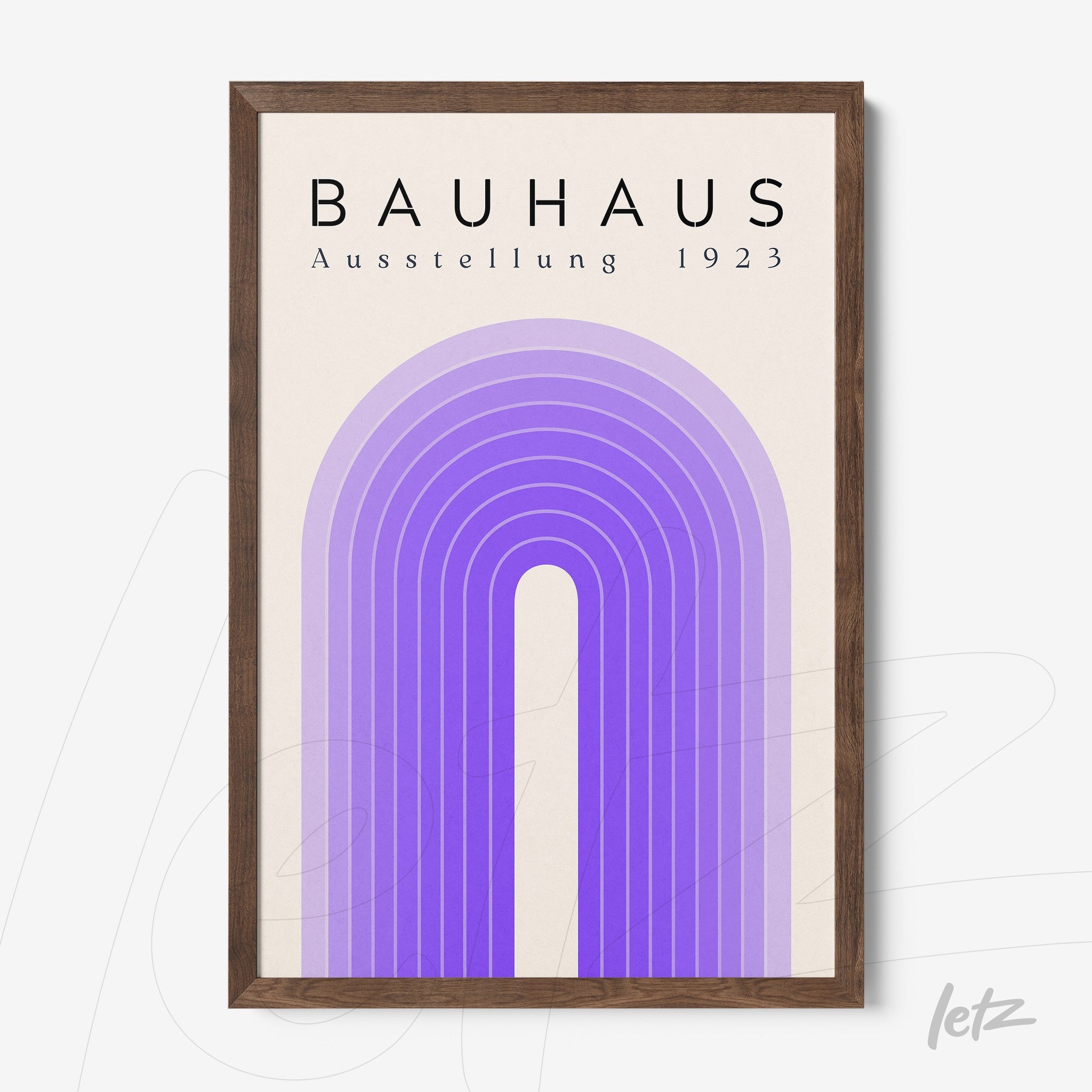 poster print of bauhaus ausstellung 1923 featuring purple arches in a dark wood frame
