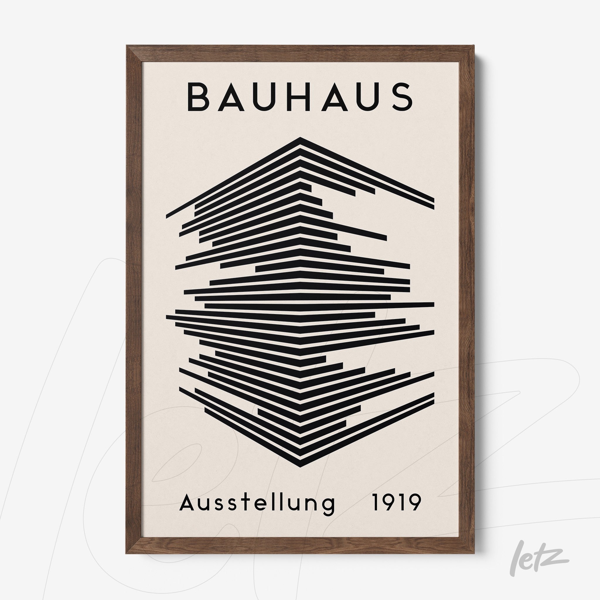 poster featuring geometric Bauhaus style art from 1919 in dark wood frame