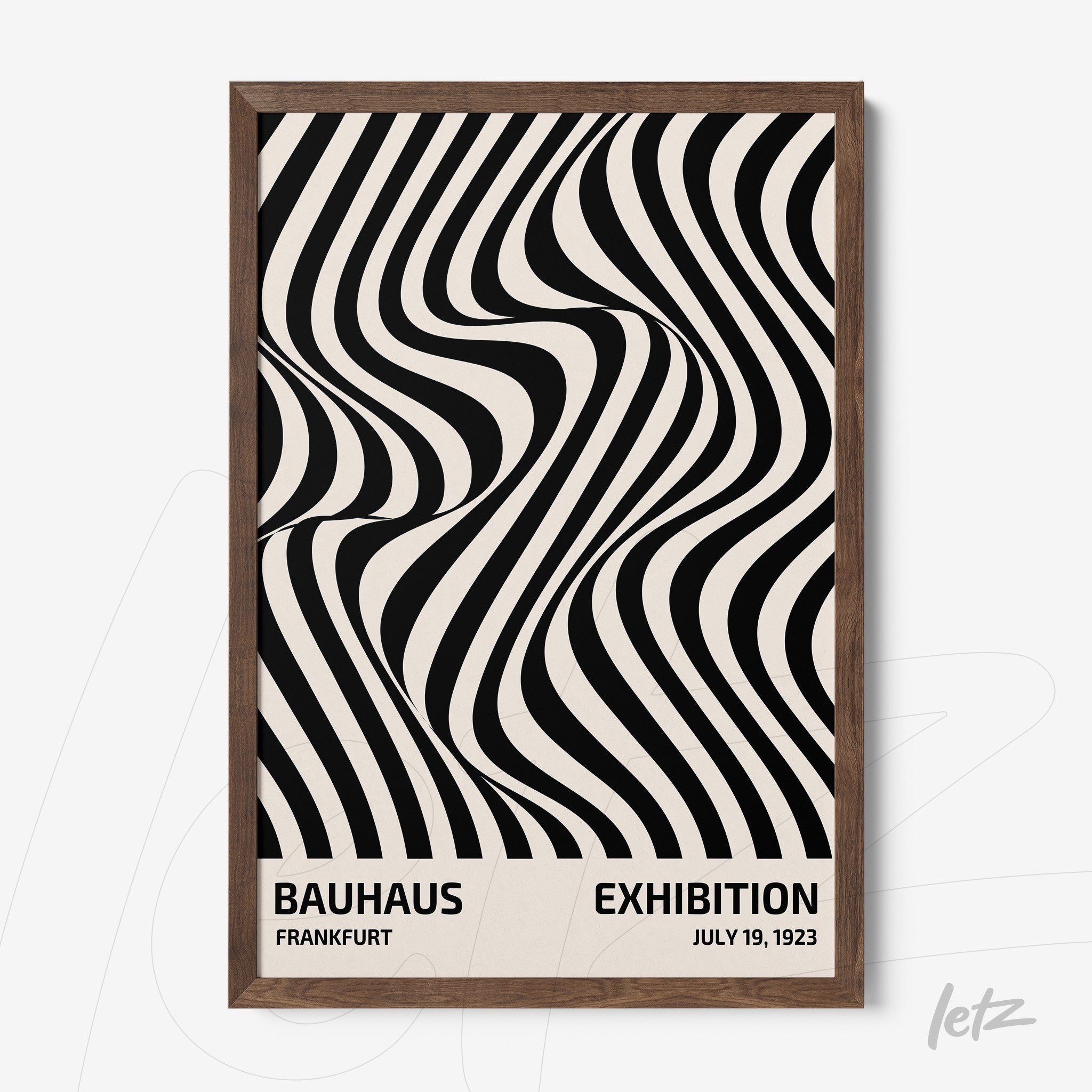 framed wall art with bauhaus style geometric pattern featuring black and white wavy lines, dark wood frame