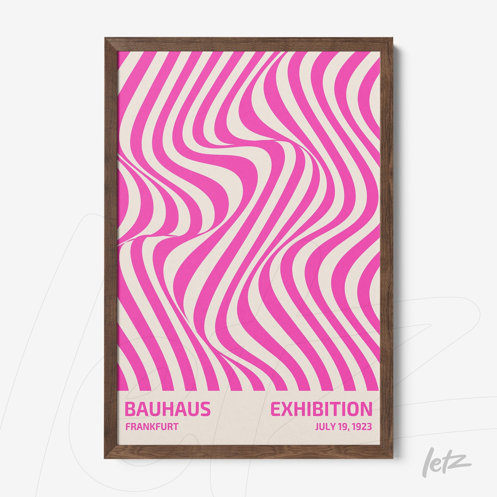 poster featuring abstract Bauhaus style art with pink wavy stripes framed in dark wood