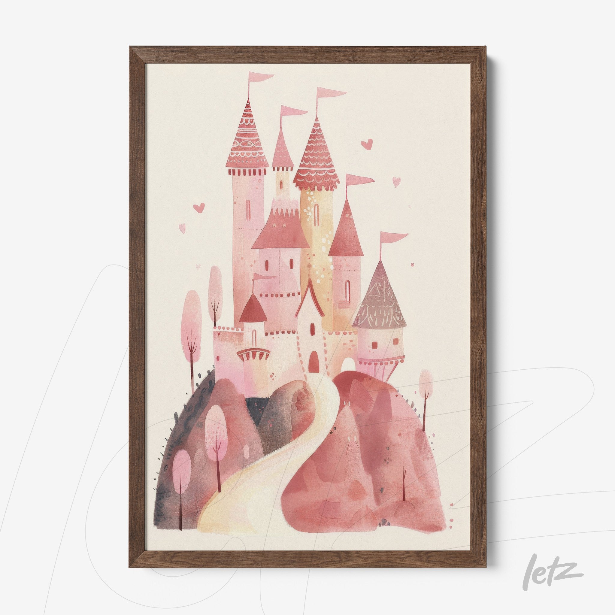 framed art featuring a pink castle on a hill with a winding path and trees