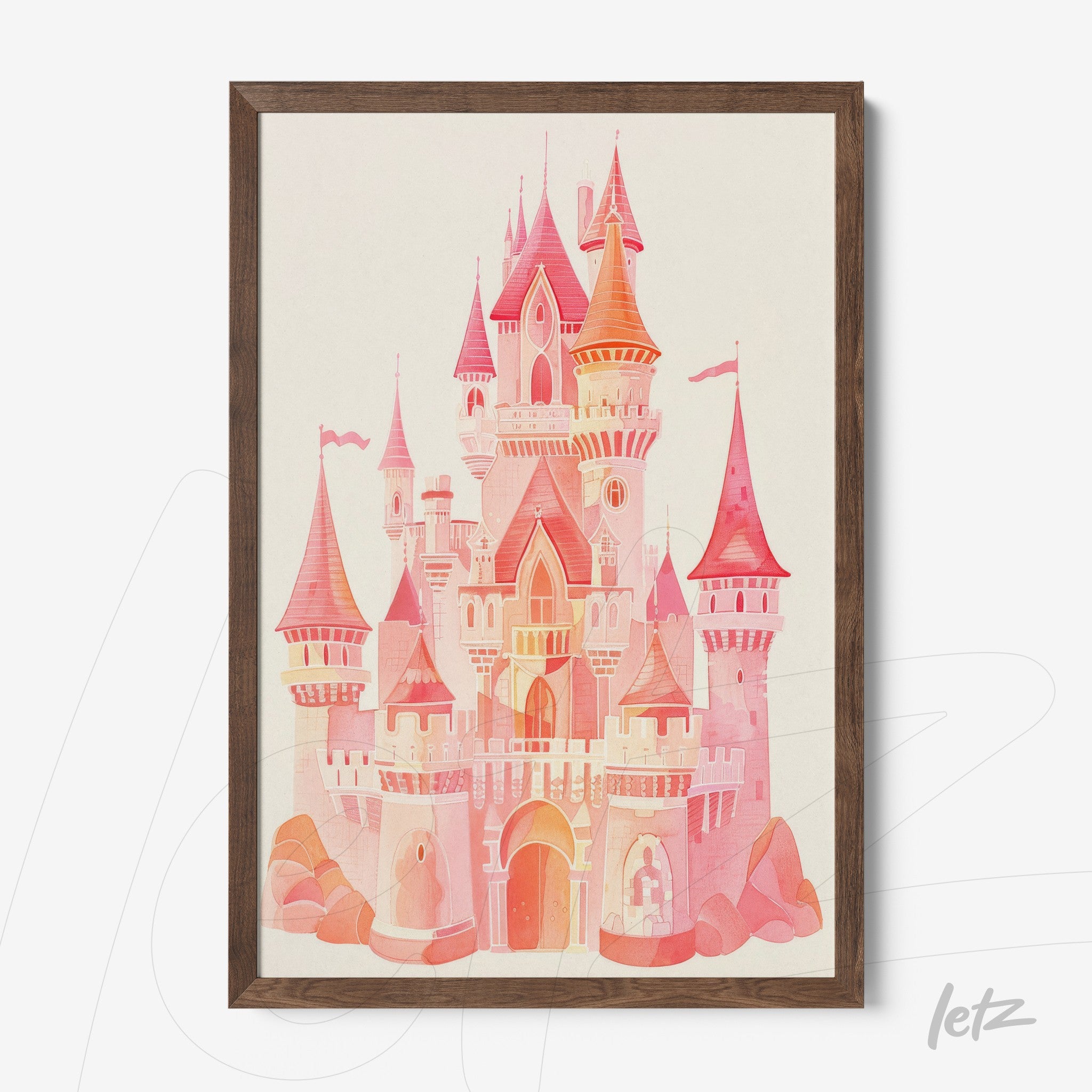 framed digital art of a pink and orange castle illustration with dark wood frame