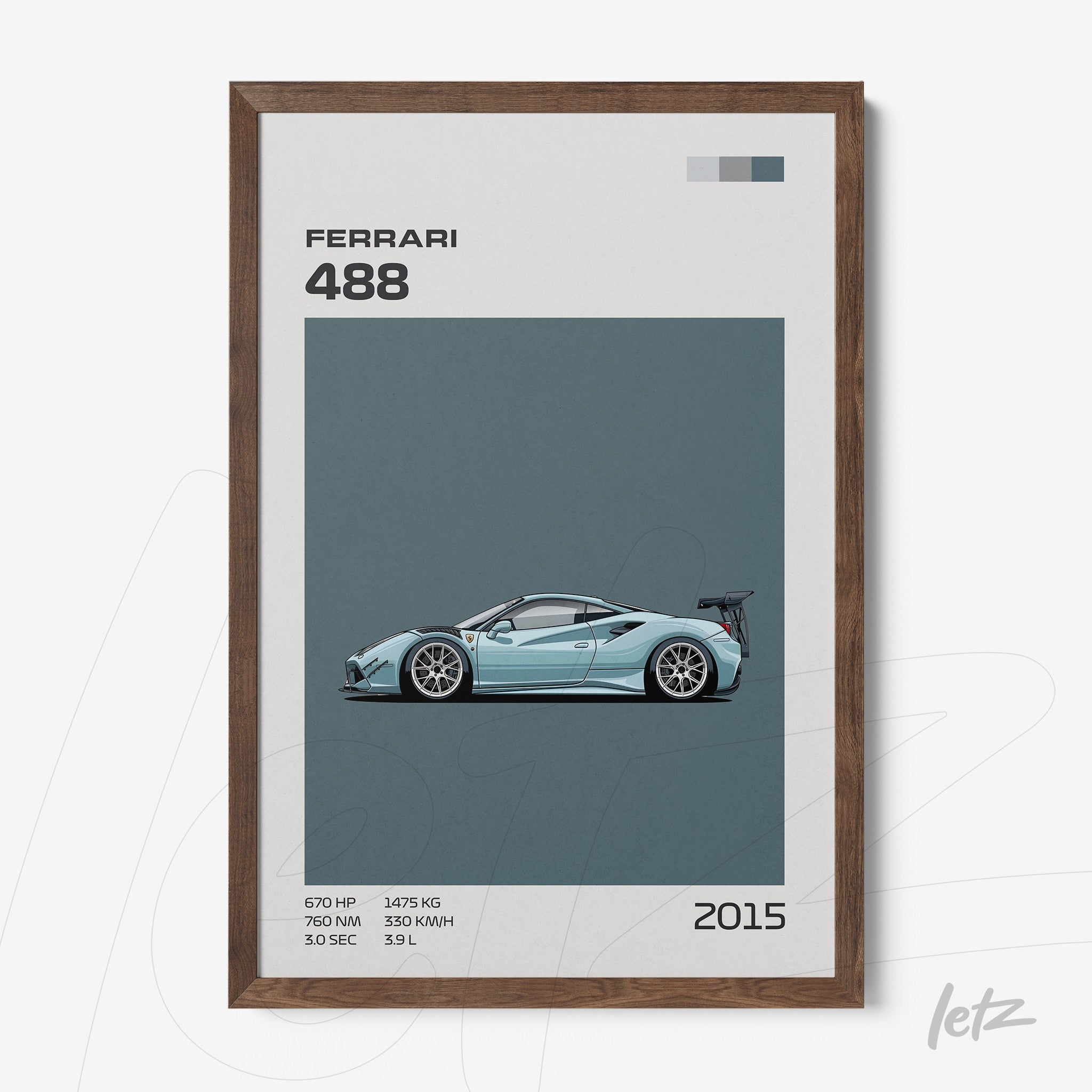 framed artwork of Ferrari 488 car illustration on blue background with dark wood frame