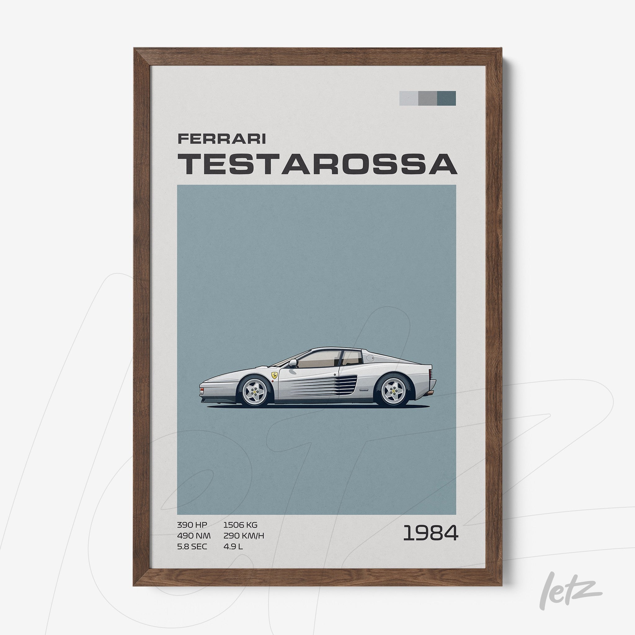 framed vintage illustration of Ferrari Testarossa car with dark wood frame