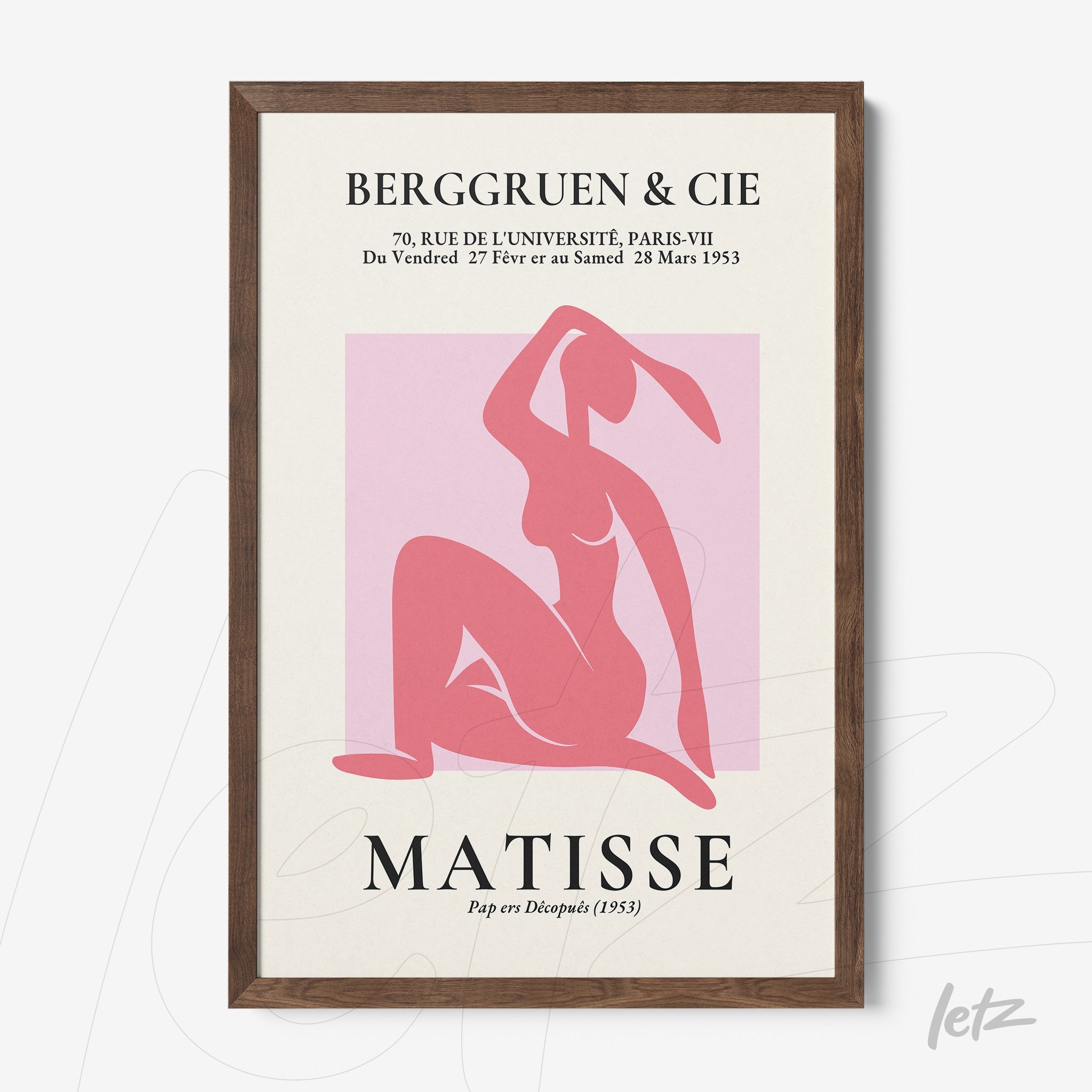 framed art featuring a stylized female figure in shades of pink on a light background with a dark wooden frame