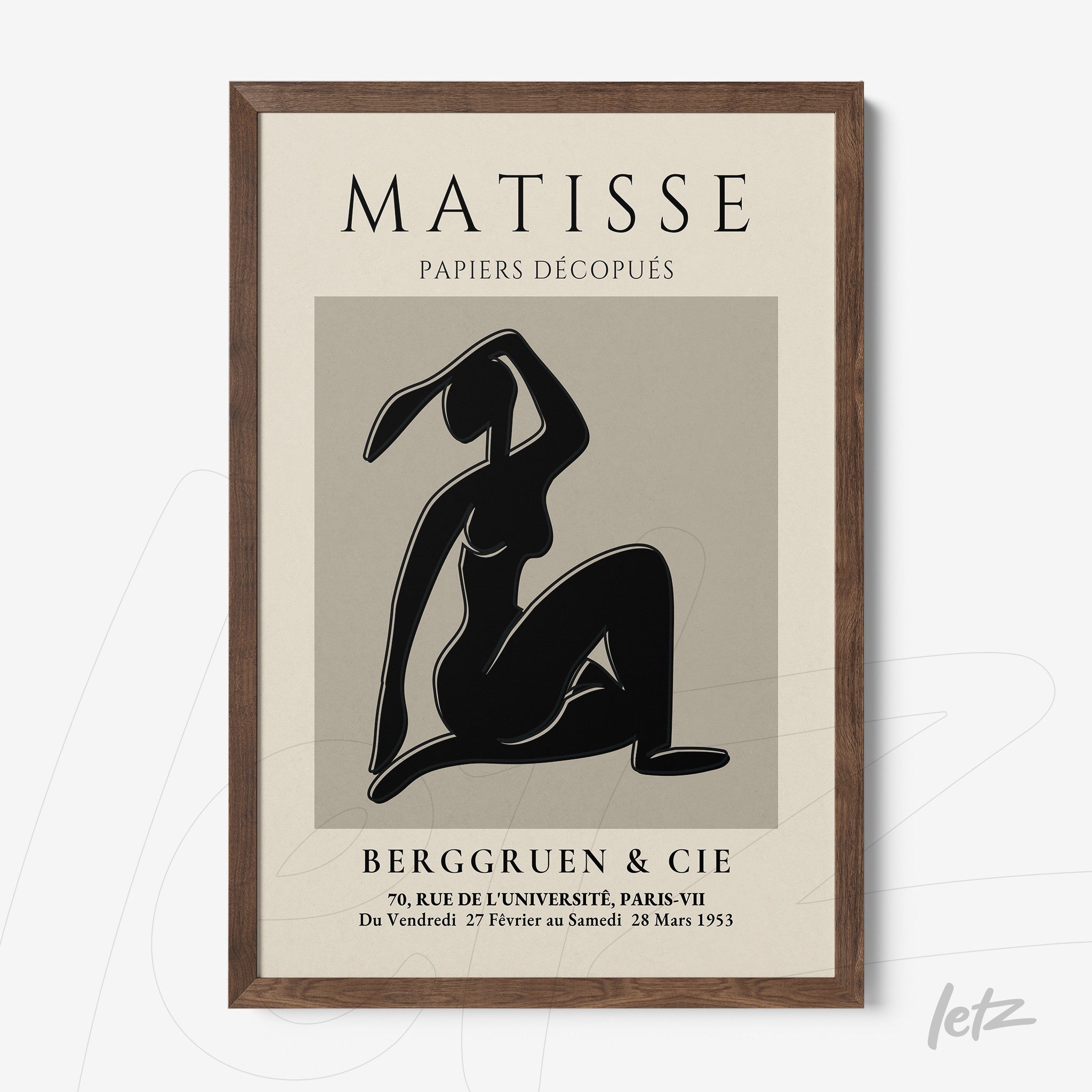 framed wall art featuring a modern cut-out style depiction of a female figure on a light background with dark frame