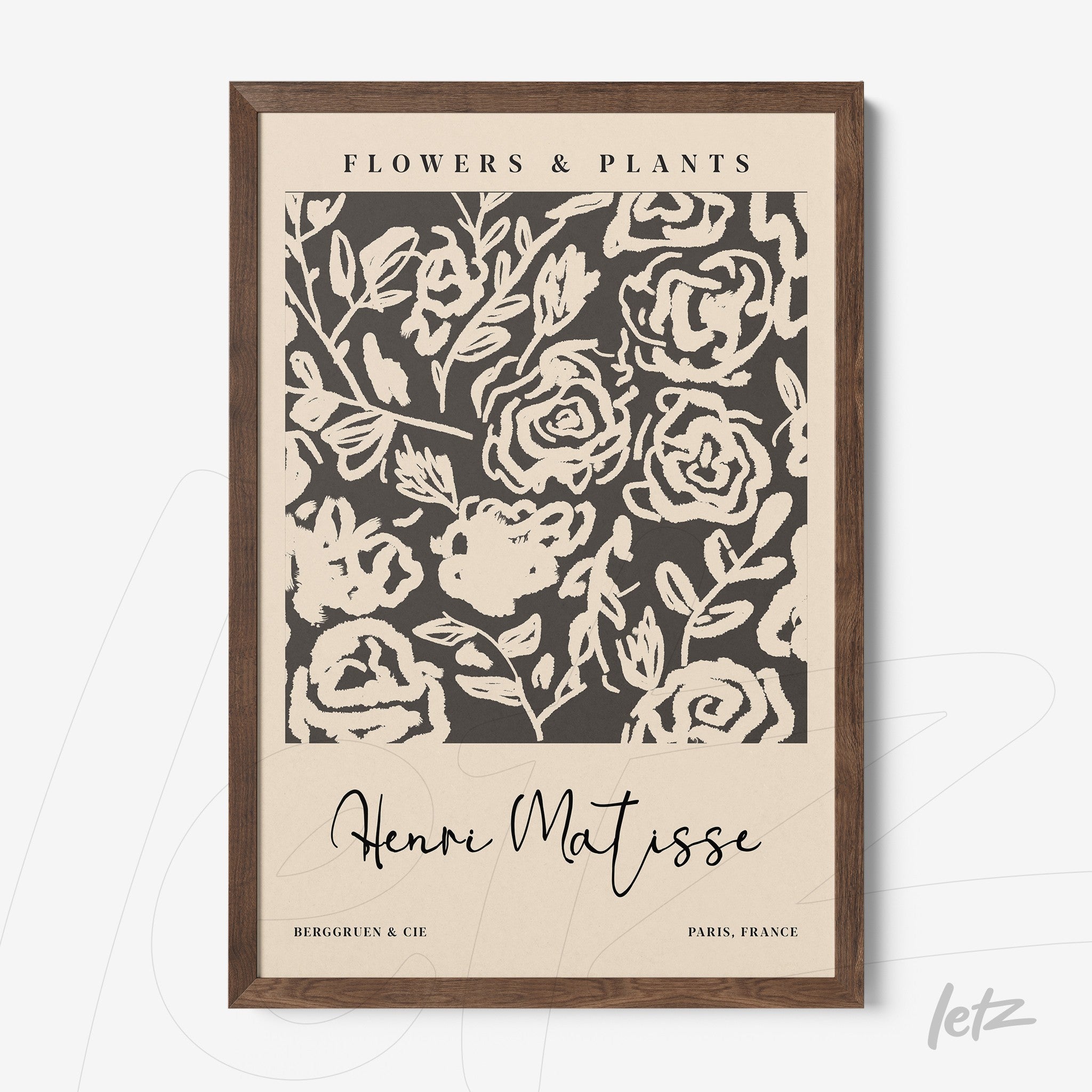 decorative wall art featuring black and white illustration of flowers and plants with dark wood frame