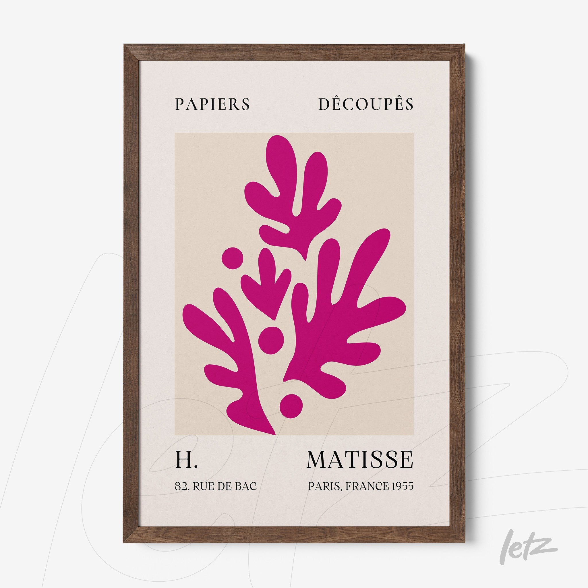 modern artwork in shades of pink inspired by Matisse with dark wooden frame