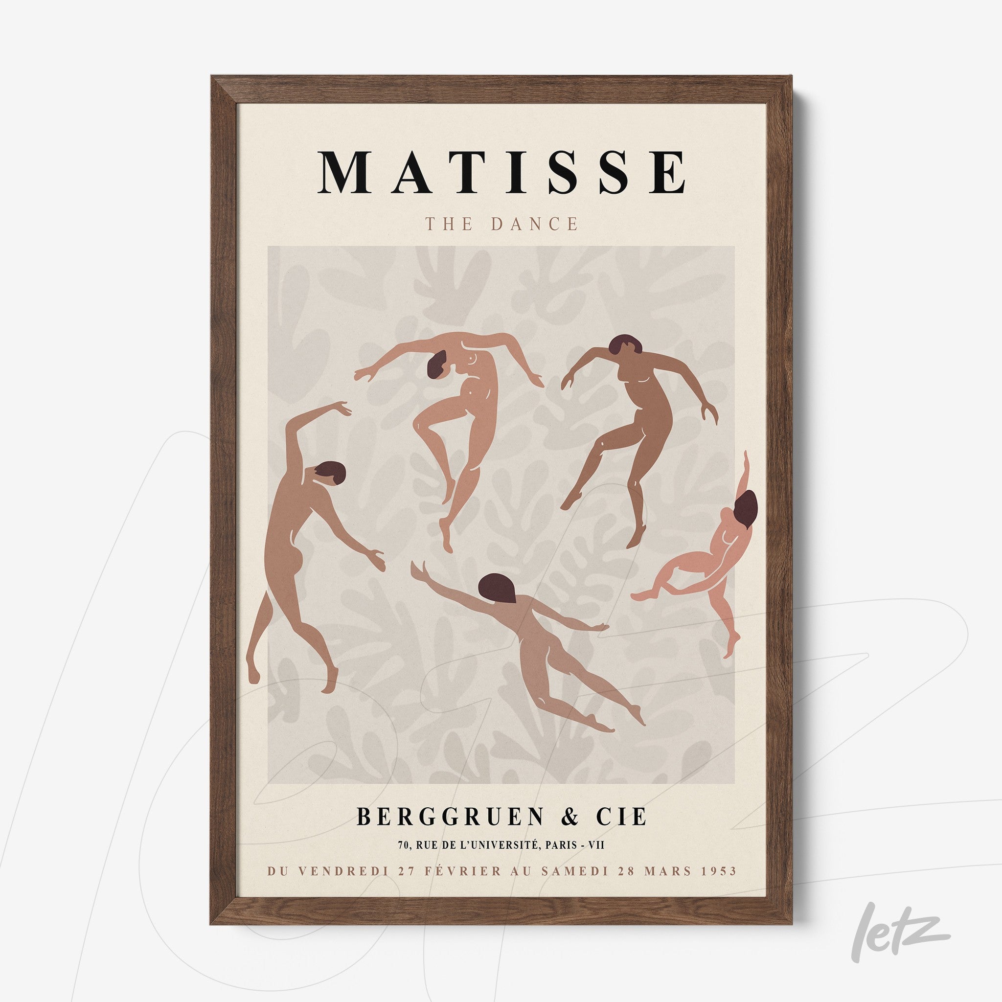 framed retro style artwork featuring dancing nude figures on a light background with dark wood frame