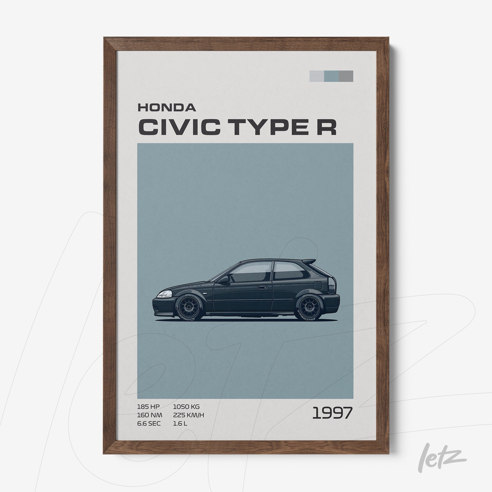 framed digital art of 1997 Honda Civic Type R with dark wooden frame
