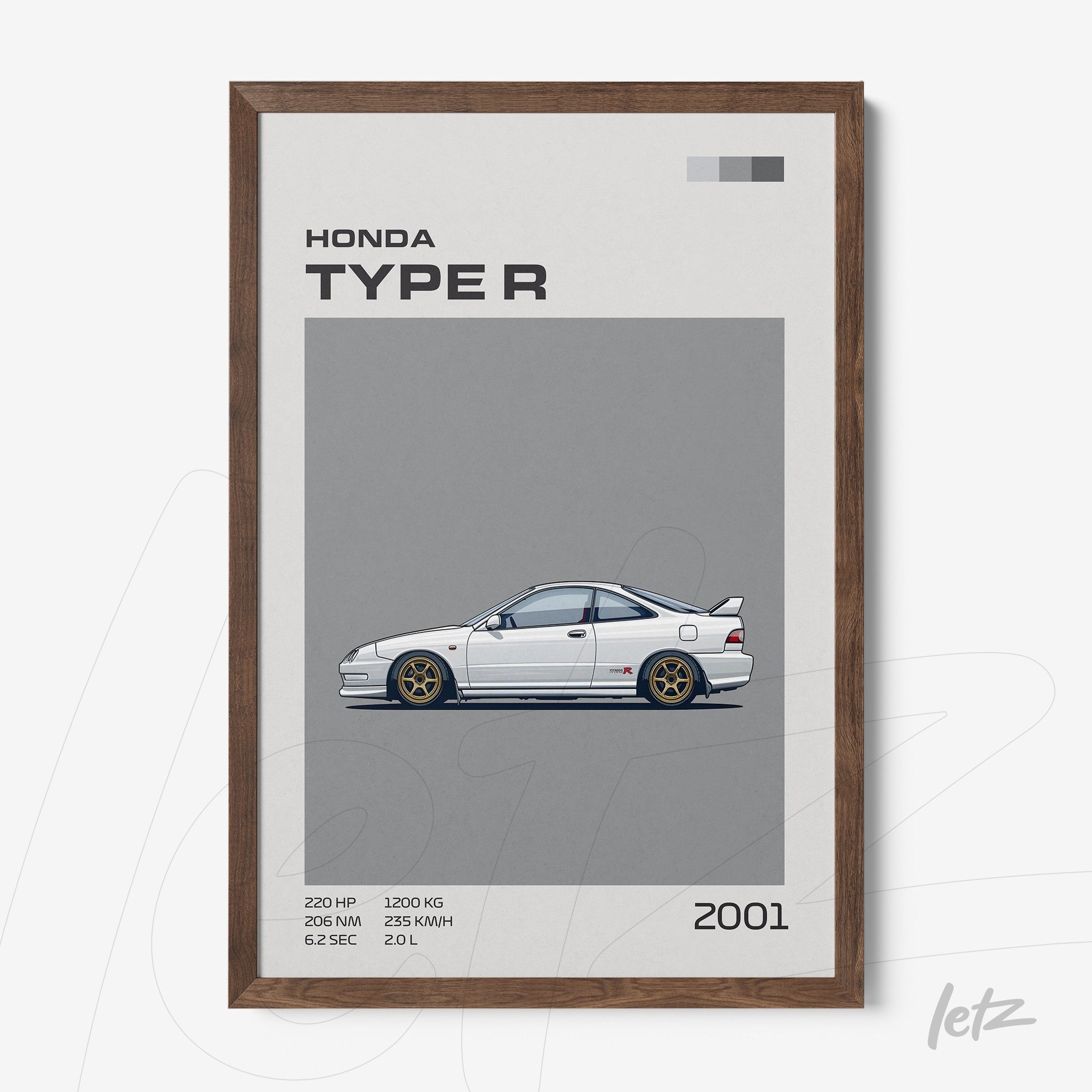 framed wall art featuring a minimalist illustration of a Honda Type R car on a gray background with a dark wood frame