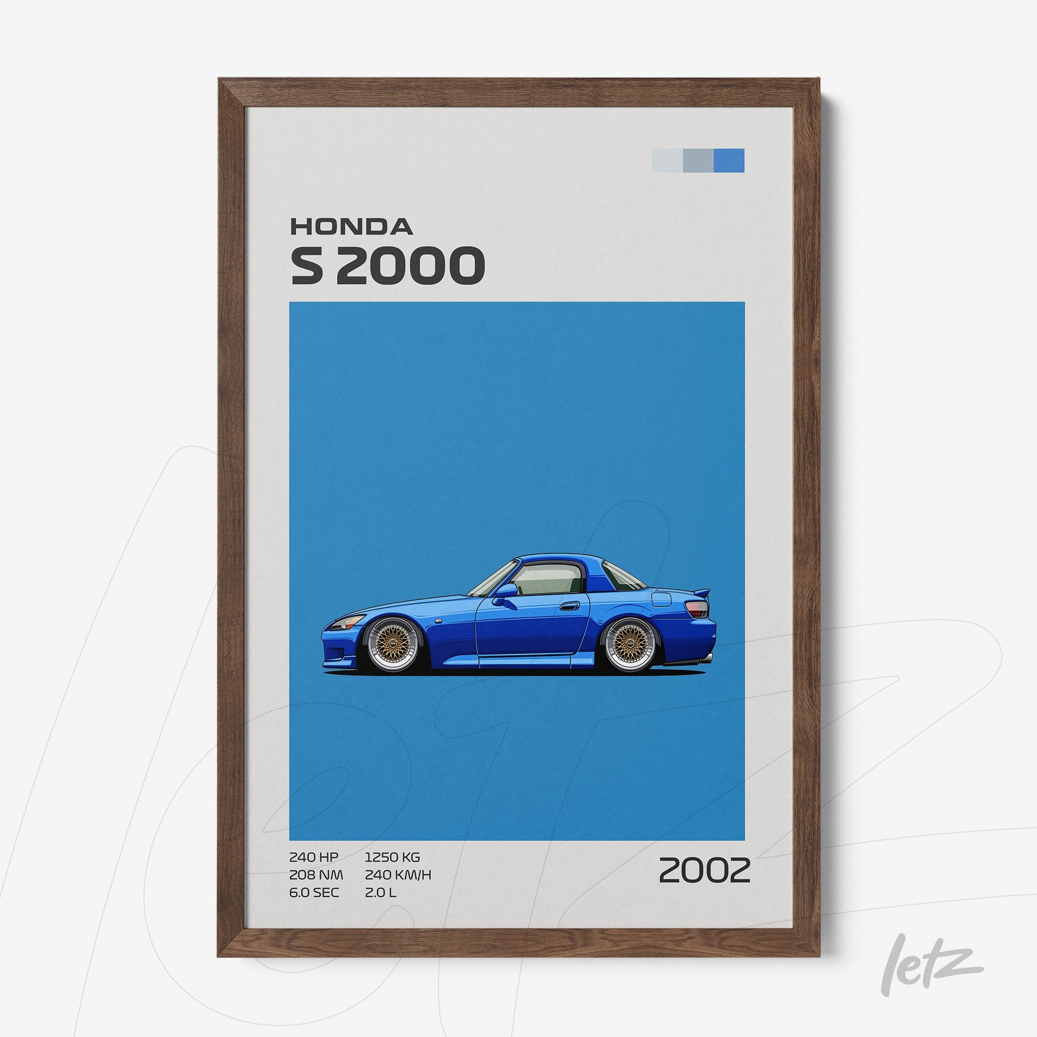 framed wall art featuring a digital illustration of Honda S2000 with dark wood frame and vibrant blue background