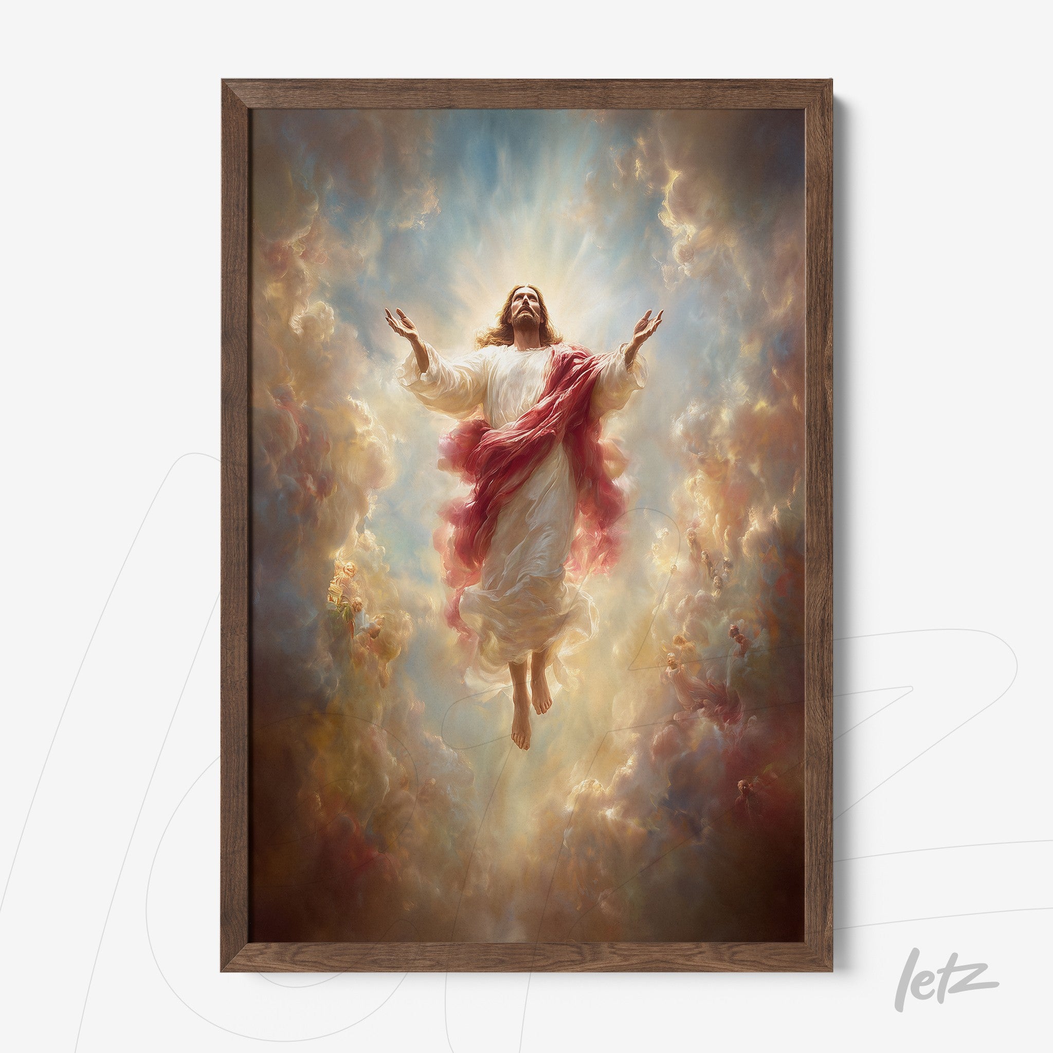 religious artwork of ascending jesus christ framed in light wood