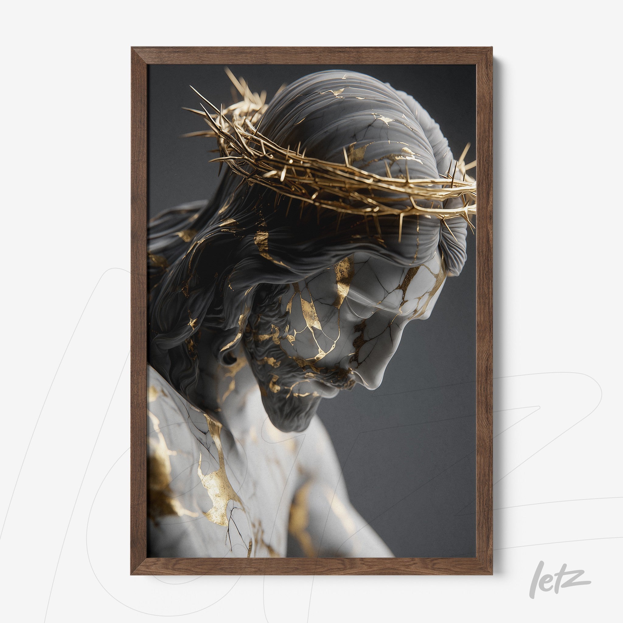 framed art of a detailed sculpture of Christ with marble texture and gold leaf in a dark wood frame