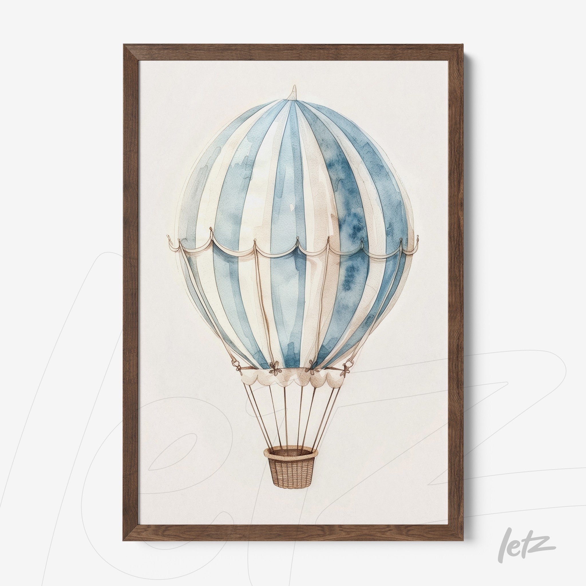 framed watercolor illustration of hot air balloon with dark wood frame