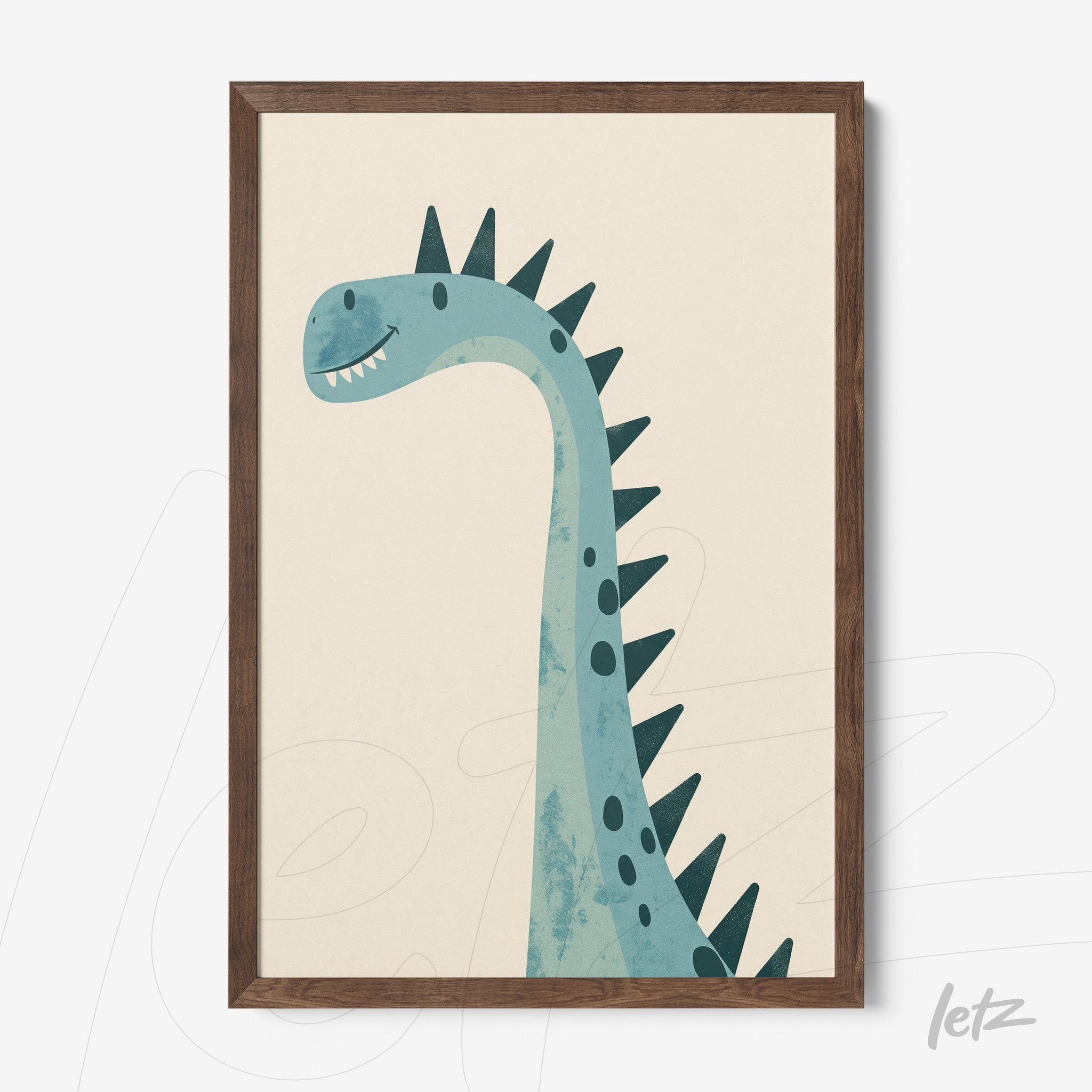 framed art print of a blue dinosaur illustration with dark wooden frame