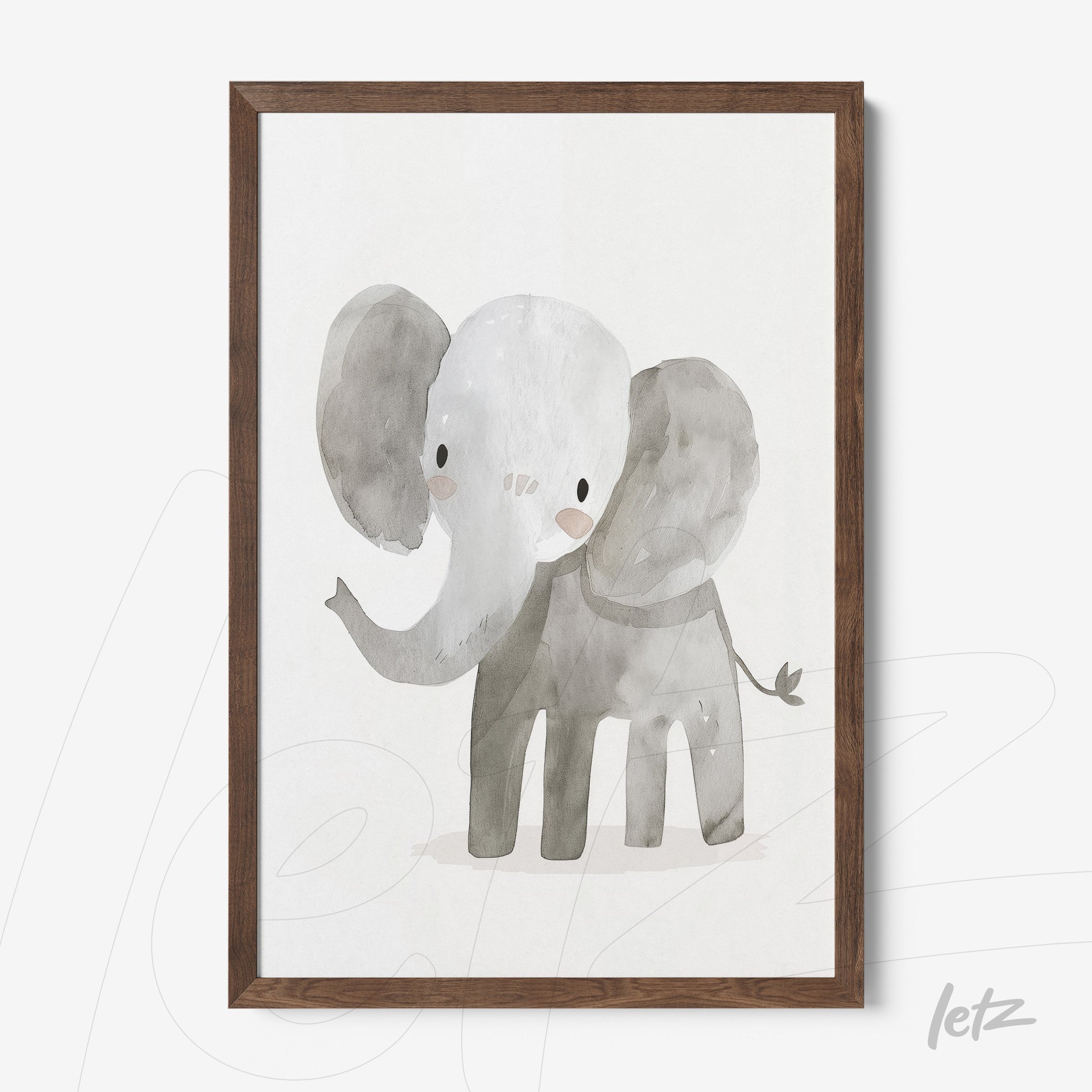 framed watercolor illustration of an elephant in dark wood frame