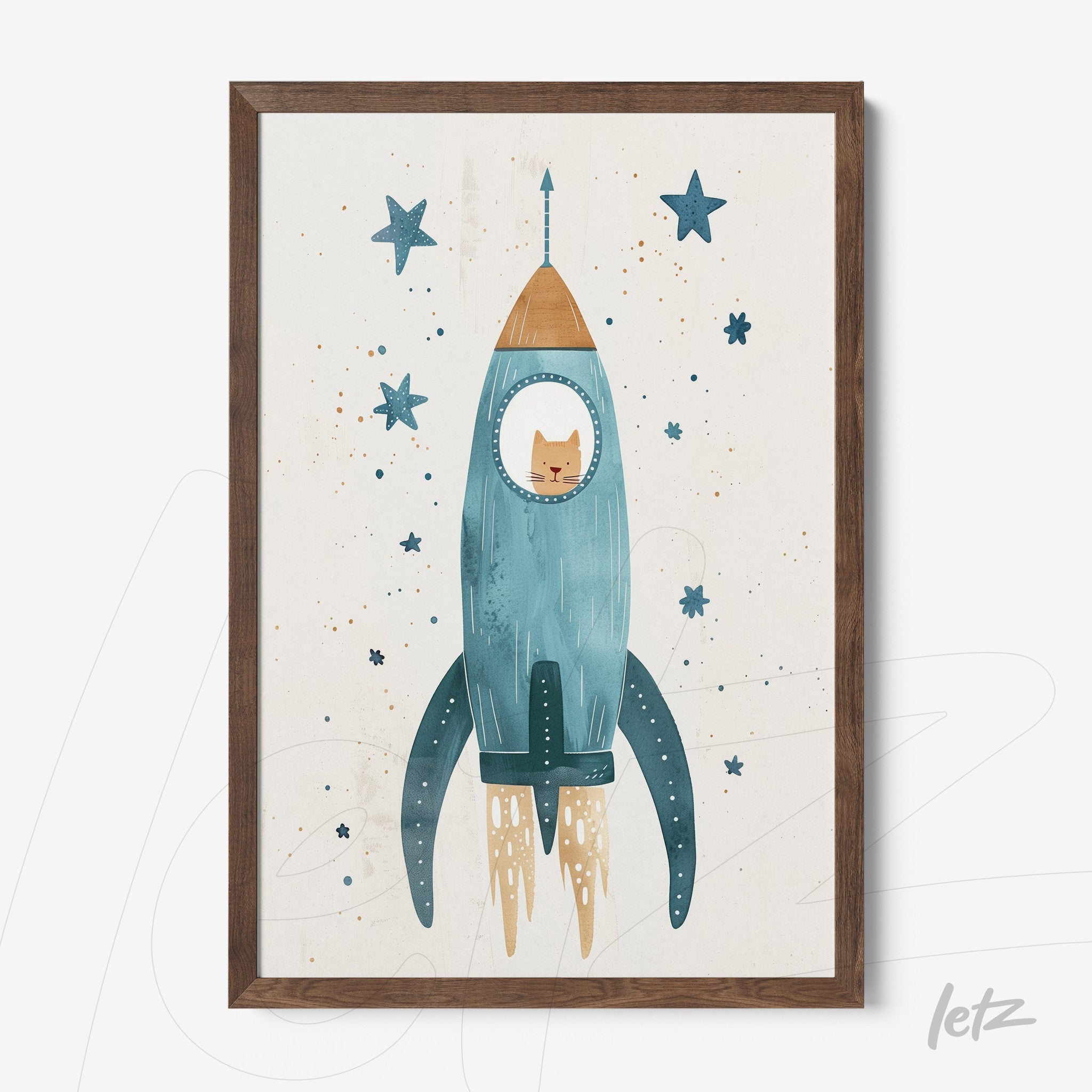 framed children's art featuring a cat inside a blue rocket among stars with dark wood frame