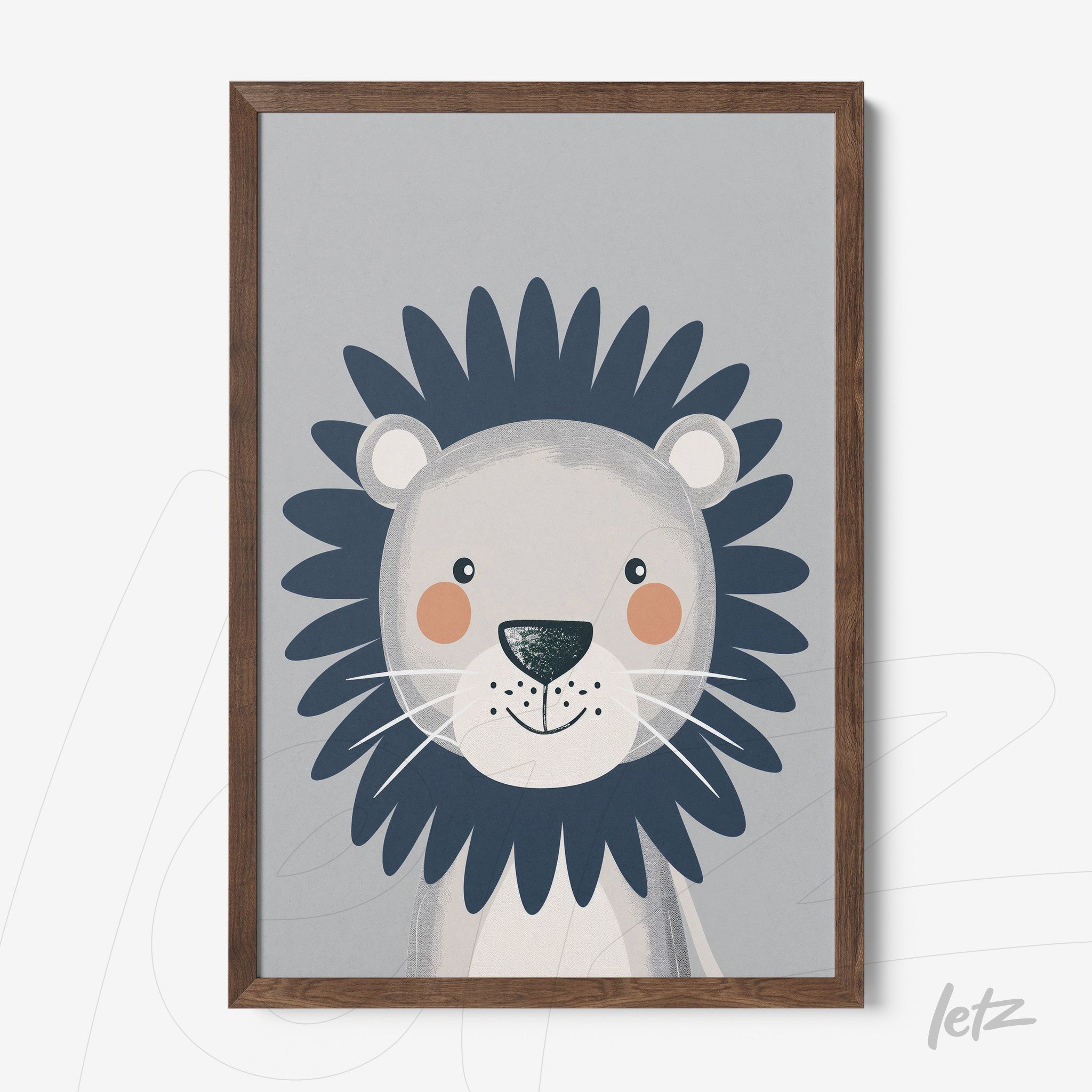 framed art featuring a stylized illustration of a lion with a dark wood frame