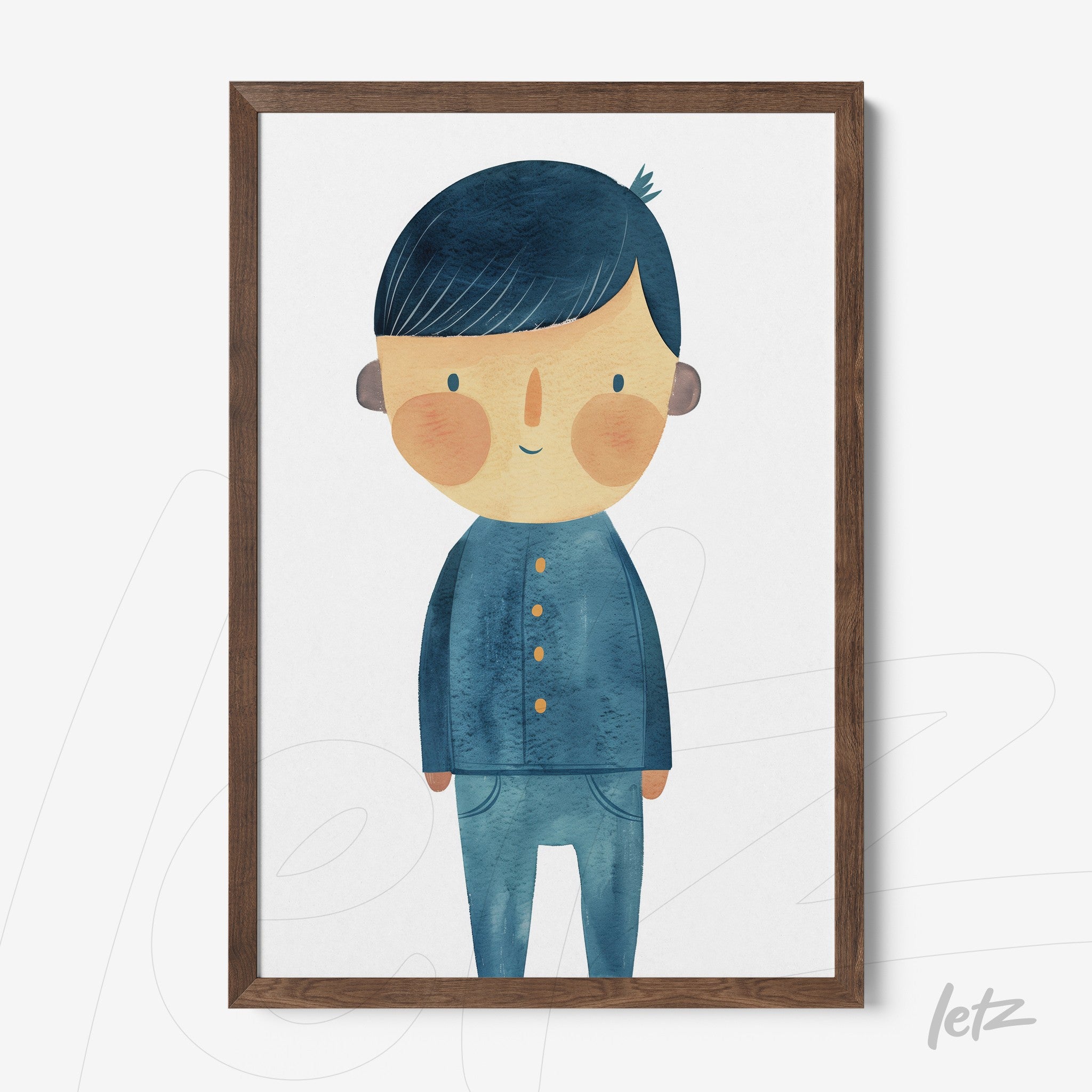 framed artwork featuring a smiling boy illustration in blue clothing with dark wood frame
