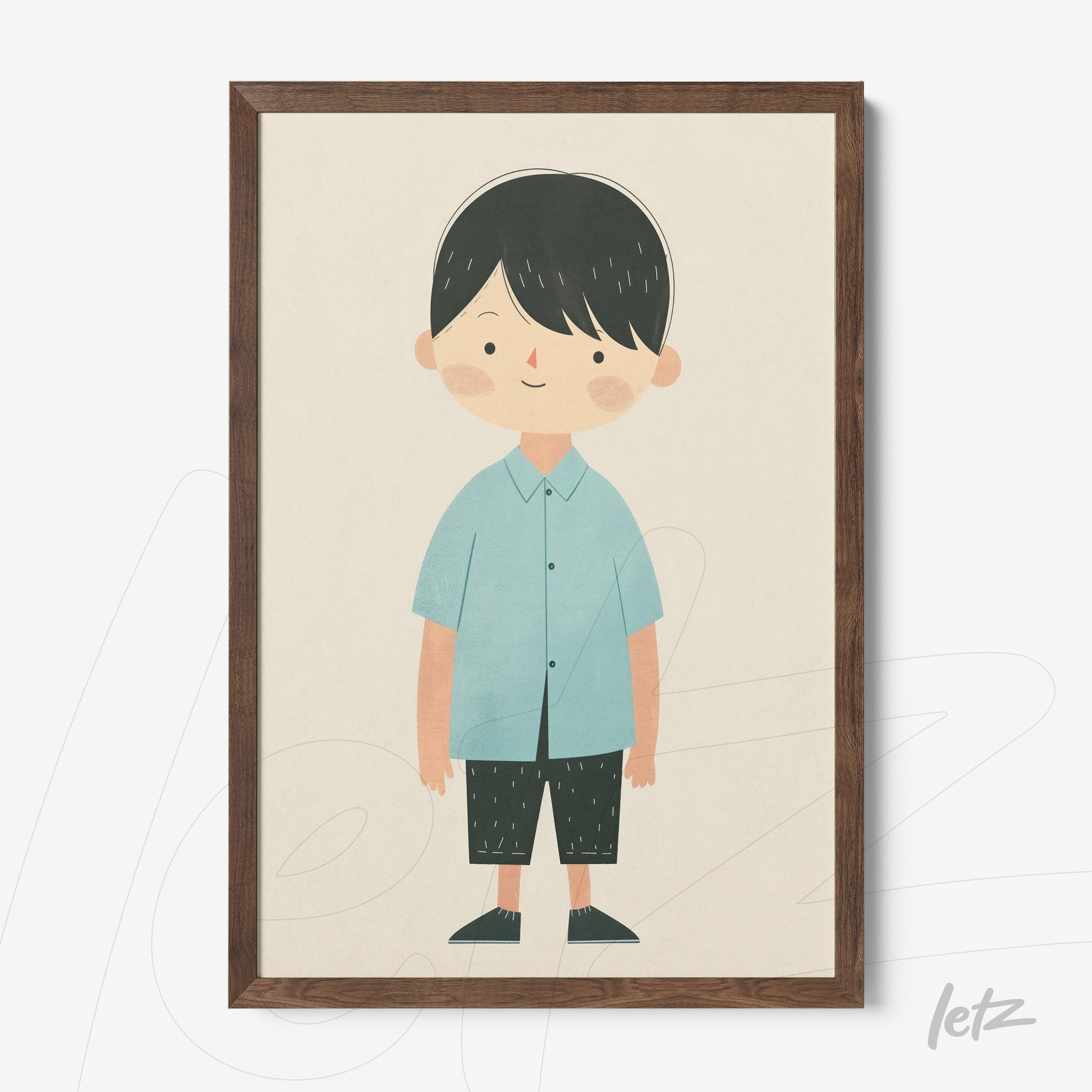 framed wall art featuring a child character with blue shirt and black pants on light background
