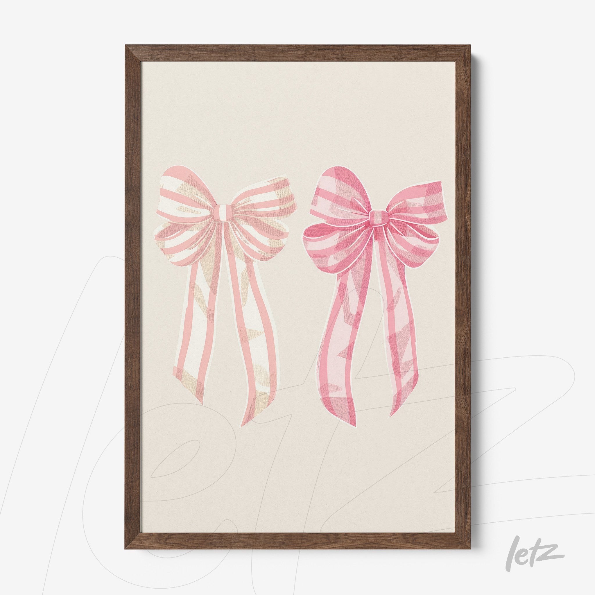 framed art featuring pink ribbons illustration with dark wooden frame