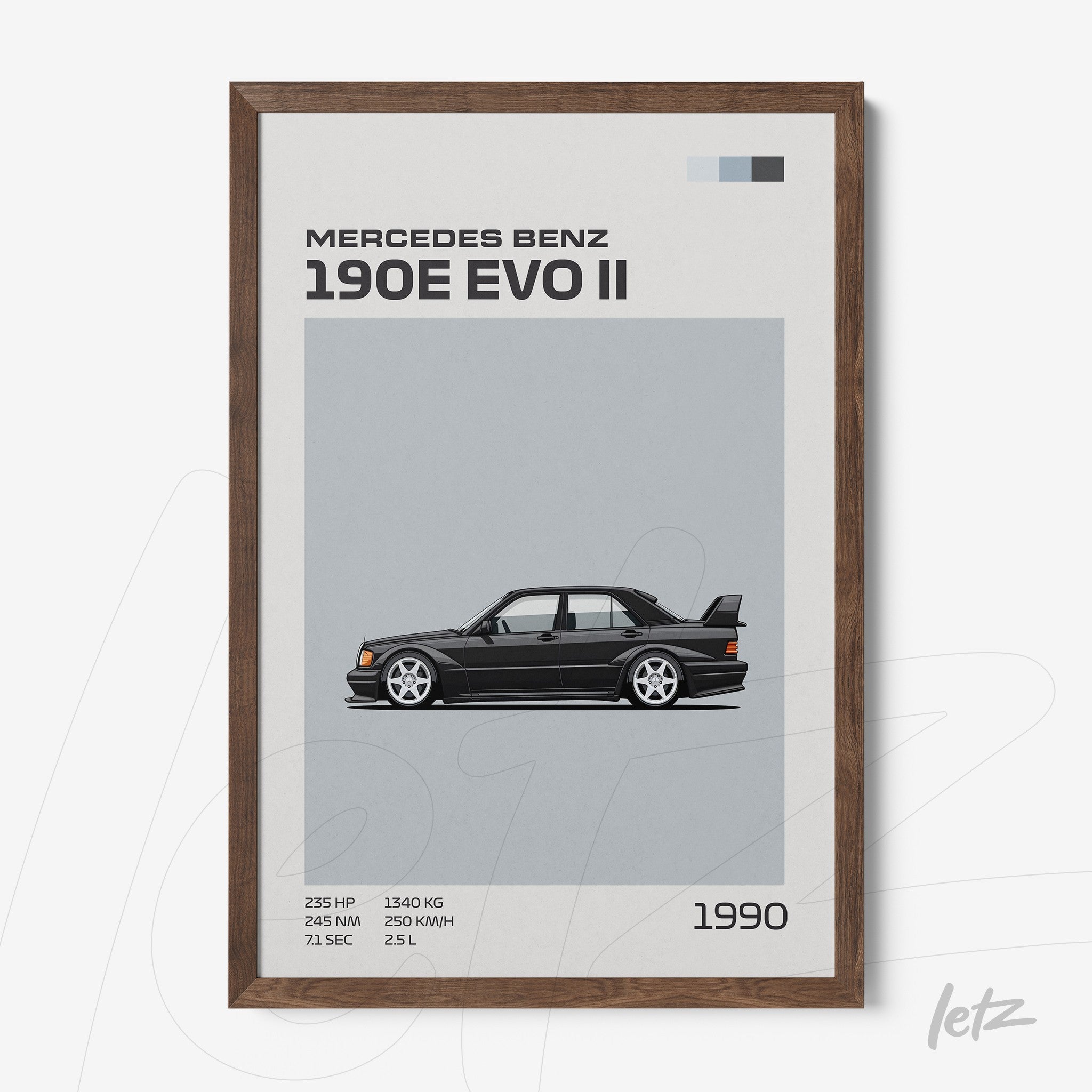 framed graphic art of the Mercedes Benz 190E EVO II with a gray background and dark wood frame