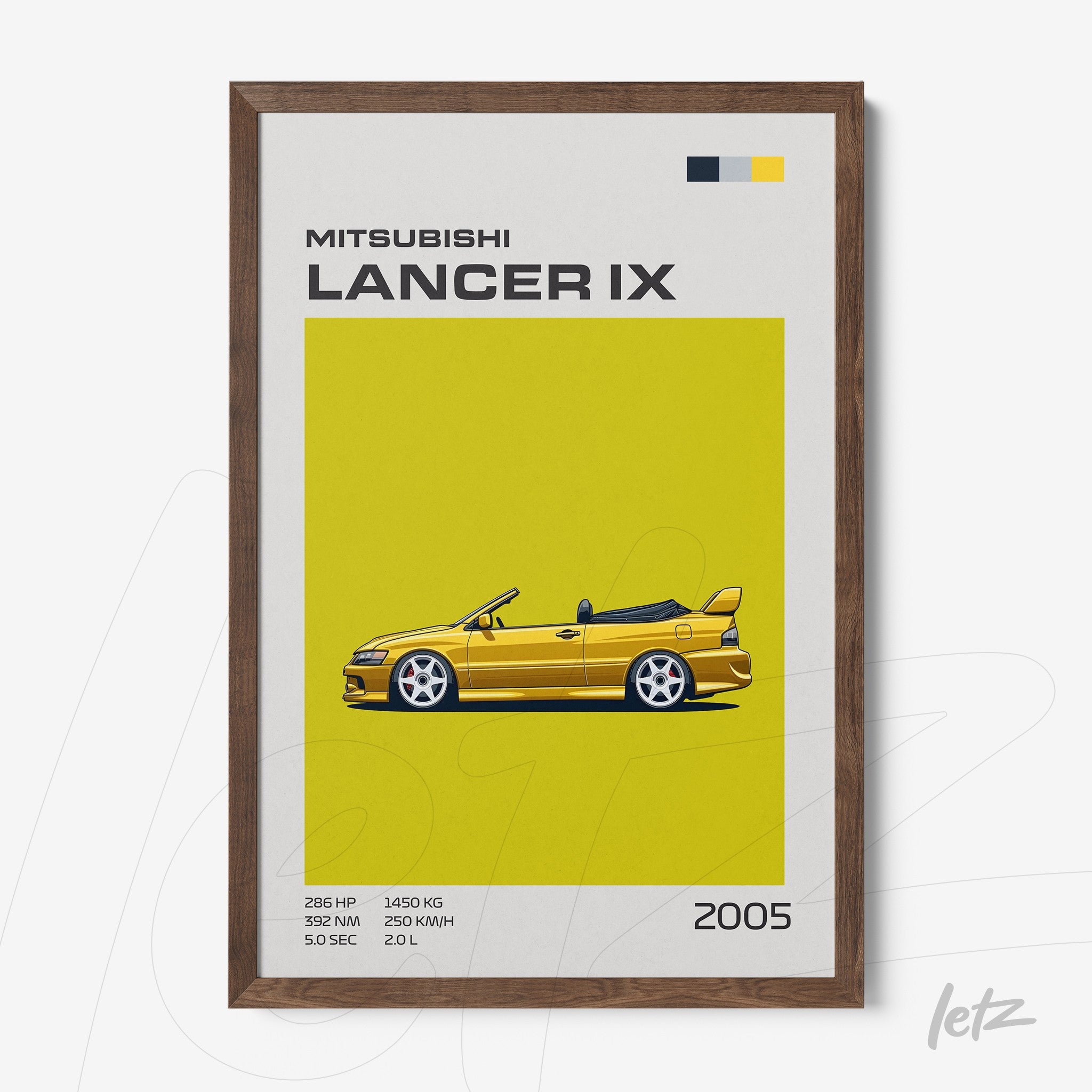 framed digital artwork of 2005 Mitsubishi Lancer IX with vibrant yellow background and dark wood frame