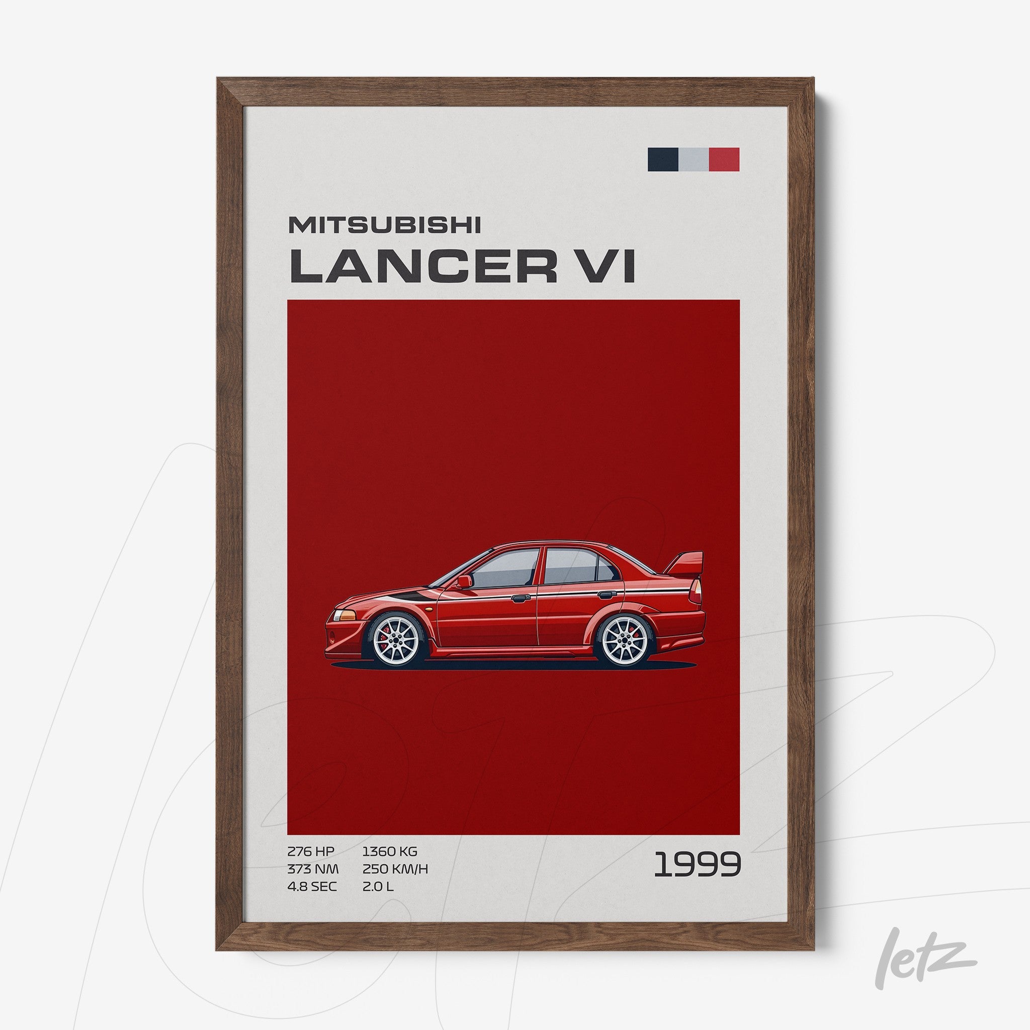 framed wall art of a 1999 Mitsubishi Lancer VI with dark wood frame