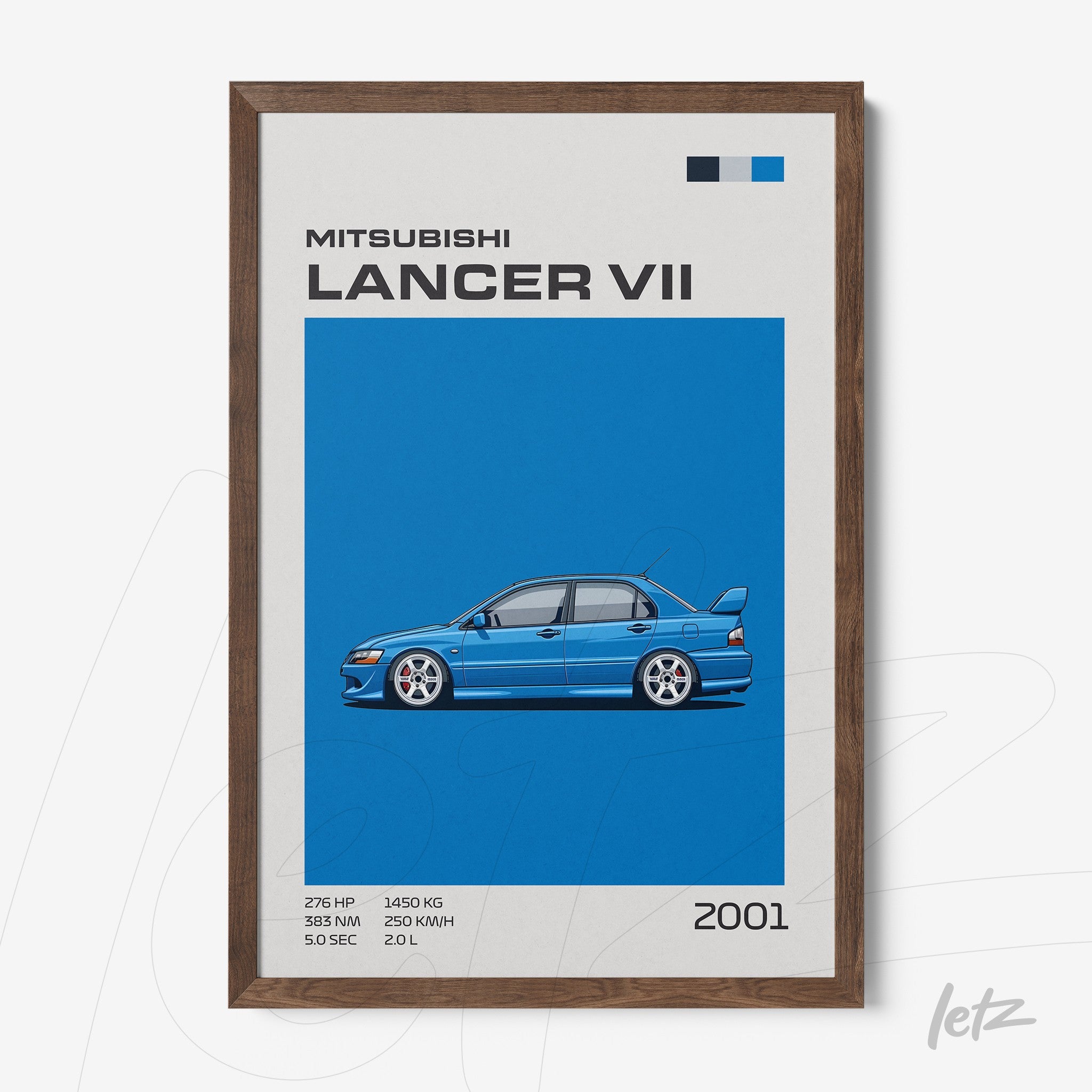 framed wall art featuring a mitsubishi lancer vii in vibrant blue background with dark wood frame