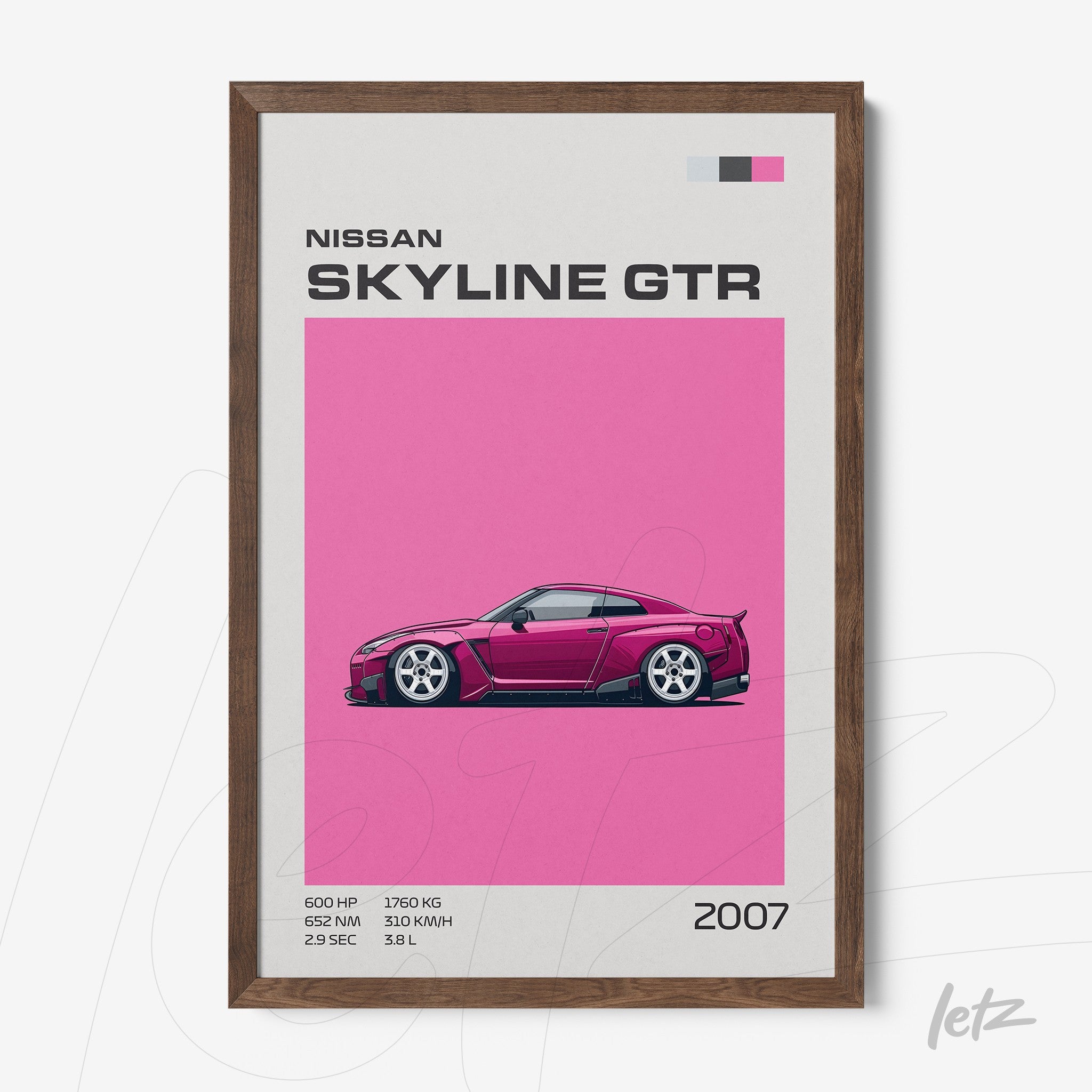framed artwork featuring a stylized illustration of Nissan Skyline GTR on vibrant pink background with dark wooden frame