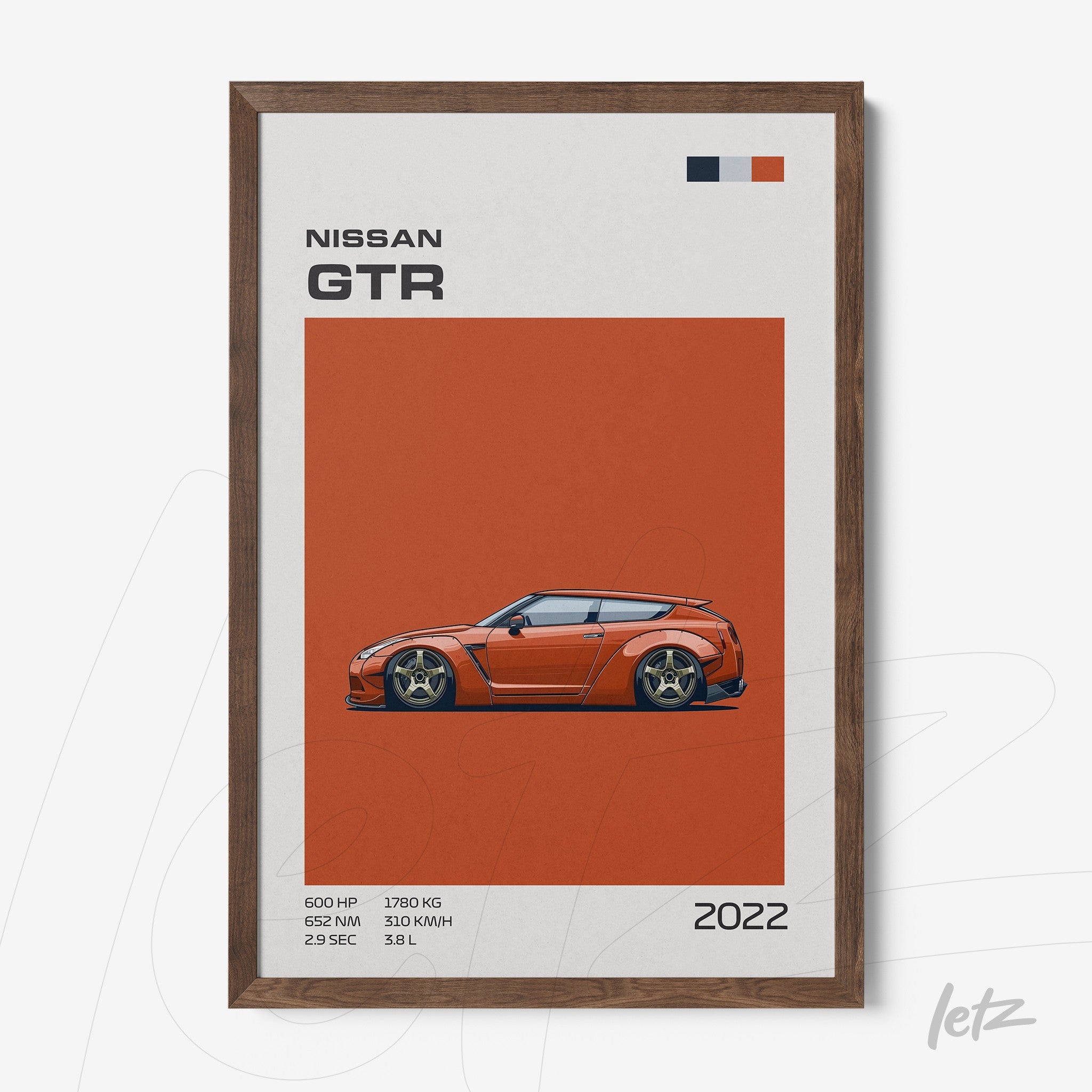 framed digital art of Nissan GTR with dark wood frame and orange background