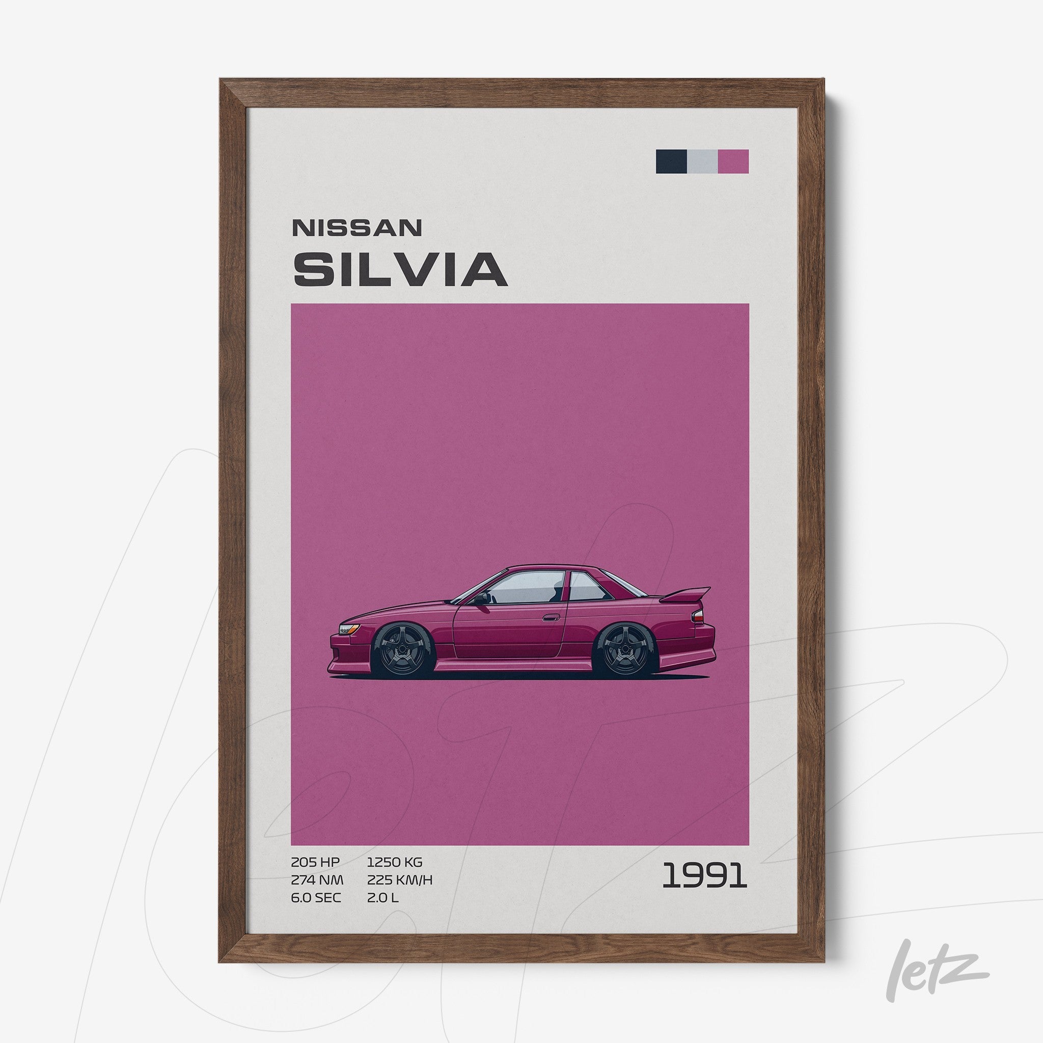 framed wall art of the 1991 Nissan Silvia with dark wood frame and pink background
