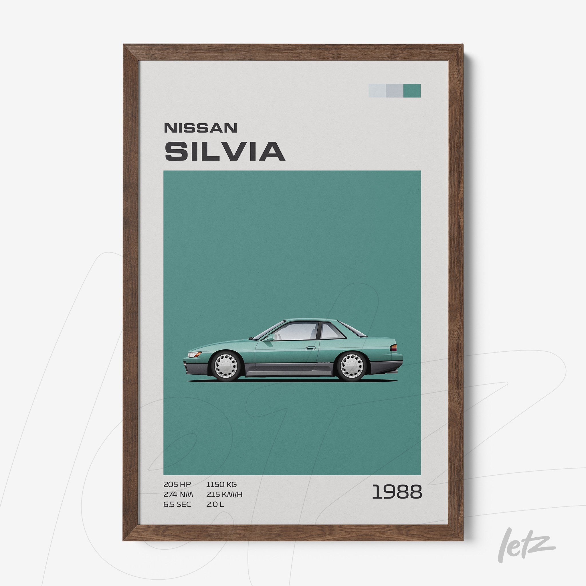 framed artwork featuring a Nissan Silvia from 1988 on a green background with a dark wood frame
