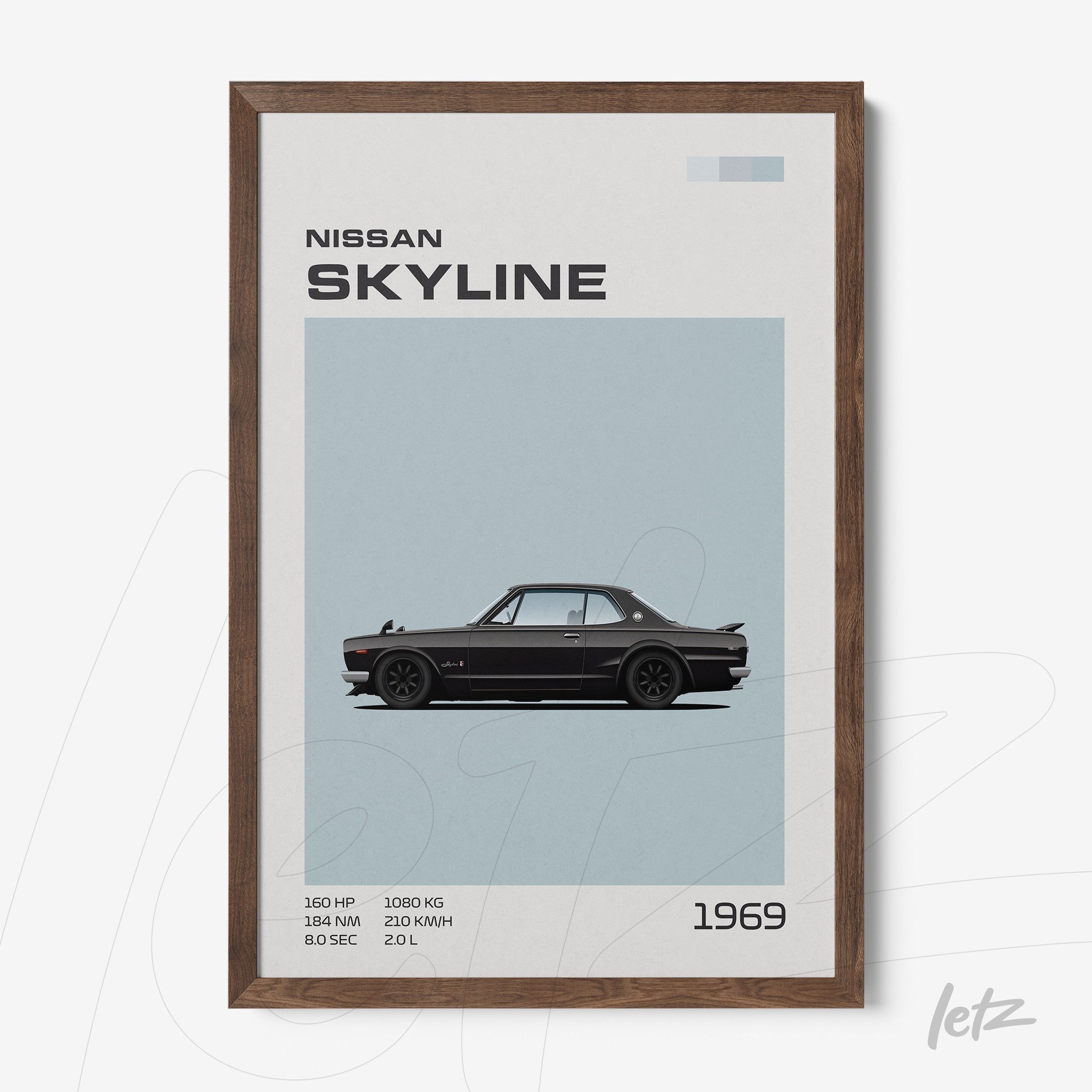 framed minimalist art of 1969 Nissan Skyline with dark wooden frame