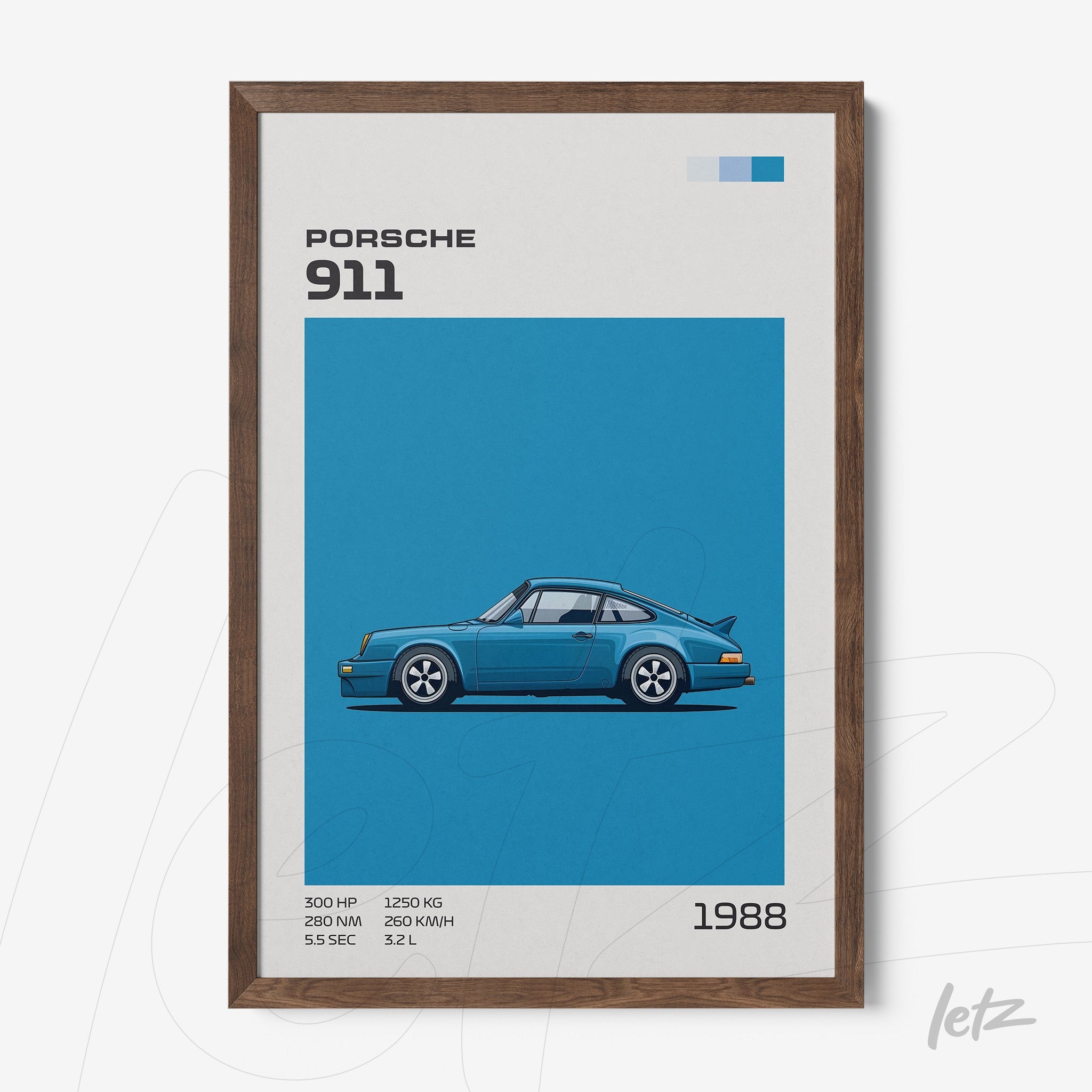 framed digital art of a stylized Porsche 911 car on a blue background with dark wood frame