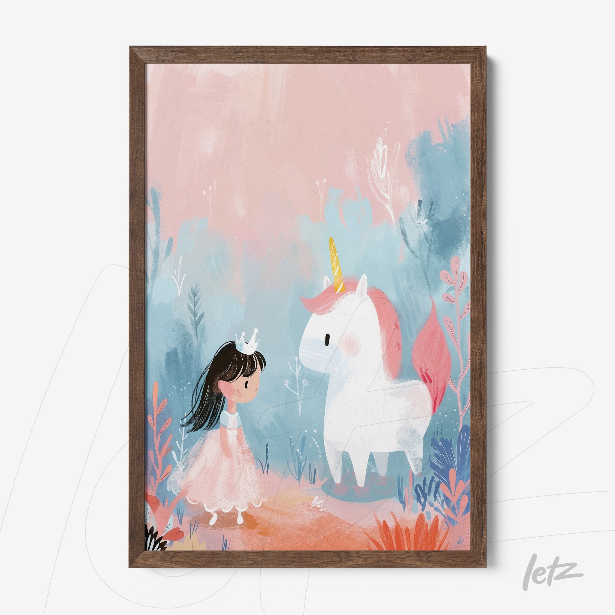 framed illustration of a young girl in a pink dress and crown interacting with a white unicorn against a pastel background